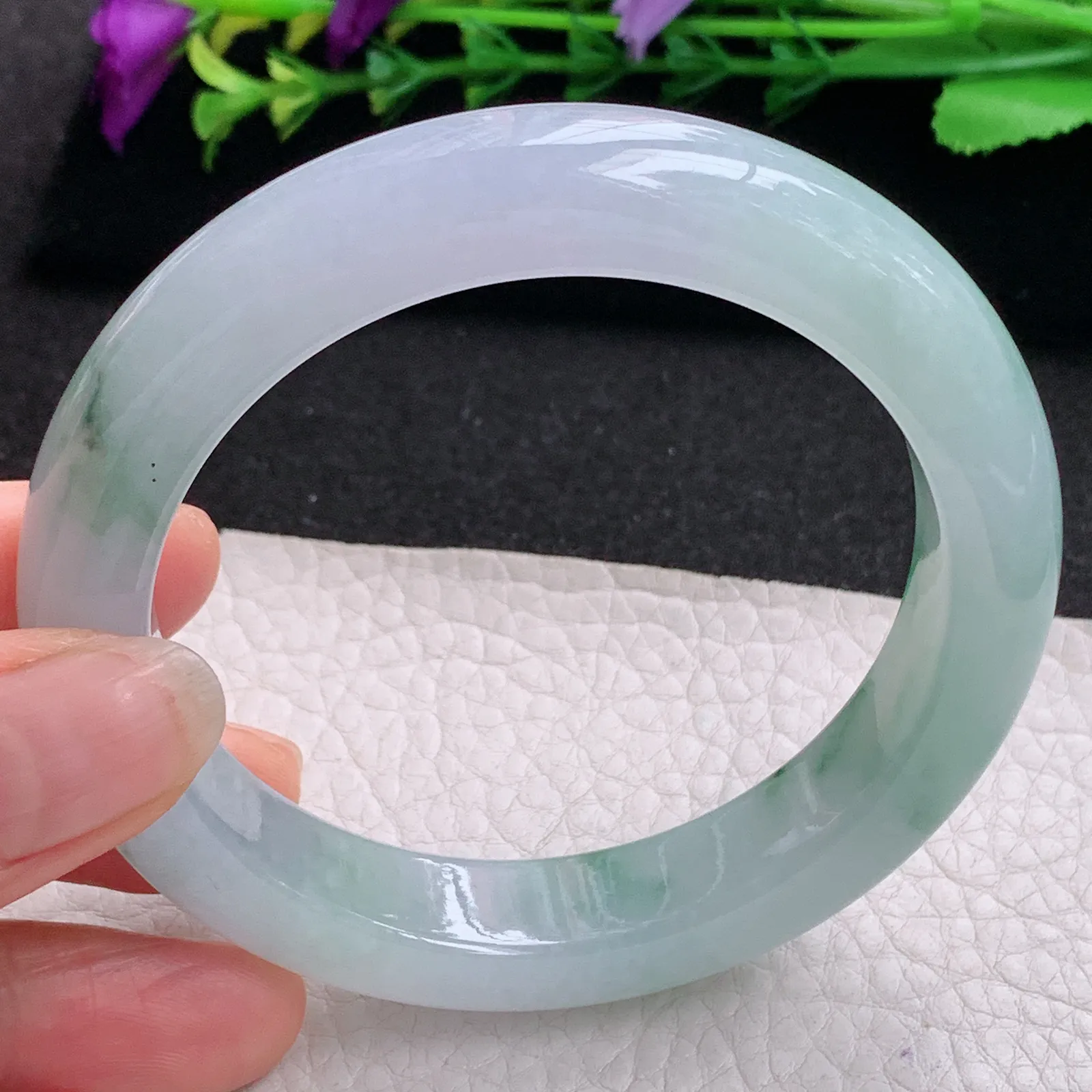 ll飘逸款58.5*12.5*9.5平安镯 天然缅甸翡翠A货冰润飘花宽边玉手环