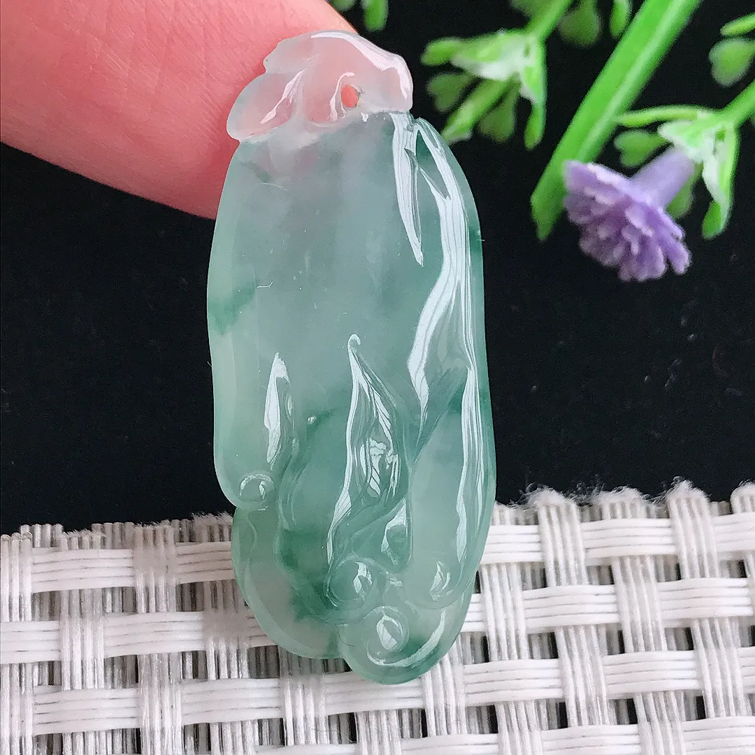 实拍A货翡翠37.3/16/7.5老坑冰胶果冻冰飘花佛手福瓜吊坠翡翠挂件