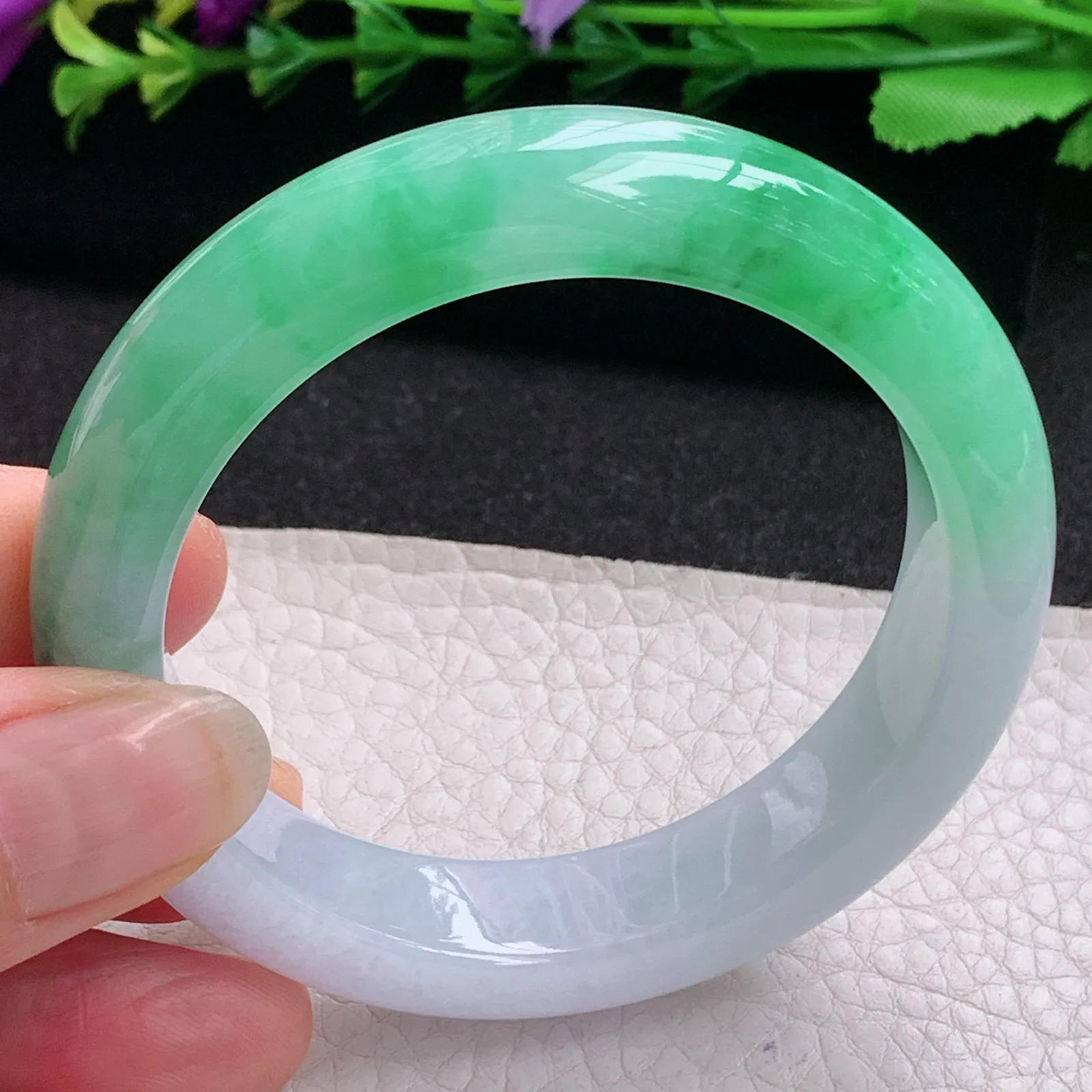 faa招财款53.5*13*8.5平安镯 天然缅甸翡翠A货水润半山水宽边玉手环