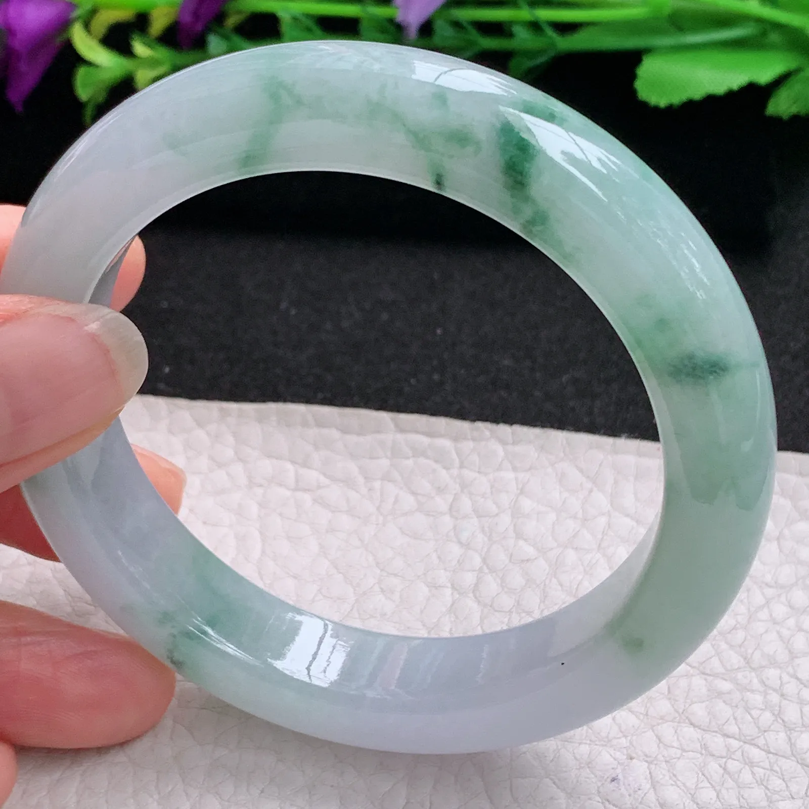 ll飘逸款58.5*12.5*9.5平安镯 天然缅甸翡翠A货冰润飘花宽边玉手环