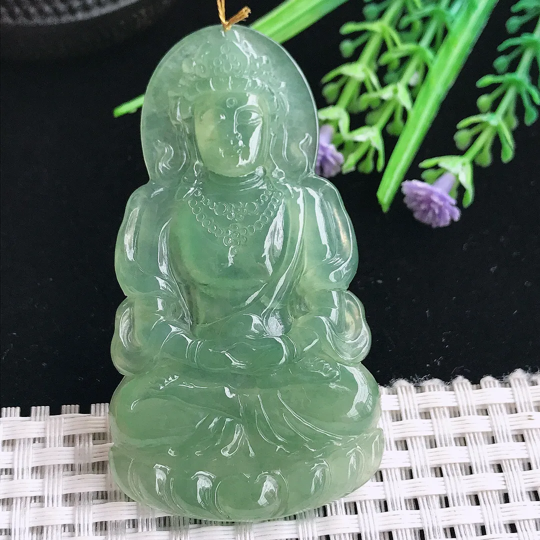 实拍A货翡翠66/36.4/5.5老坑冰胶果冻满甜绿渡母菩萨吊坠翡翠挂件