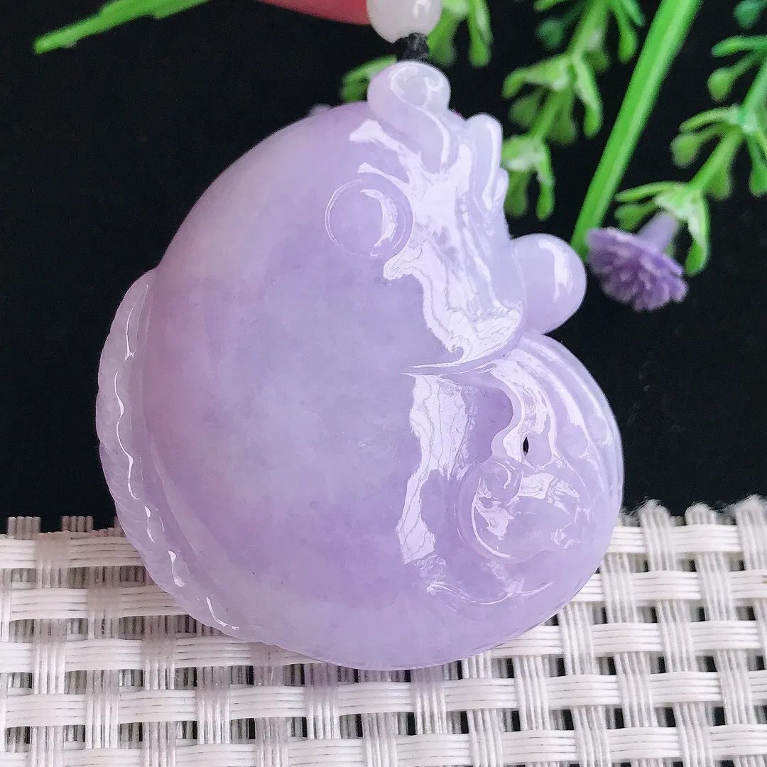 实拍A货翡翠46.5/39.5/17老坑冰润浓艳紫罗兰鲤鱼鱼吊坠翡翠连年有余挂件