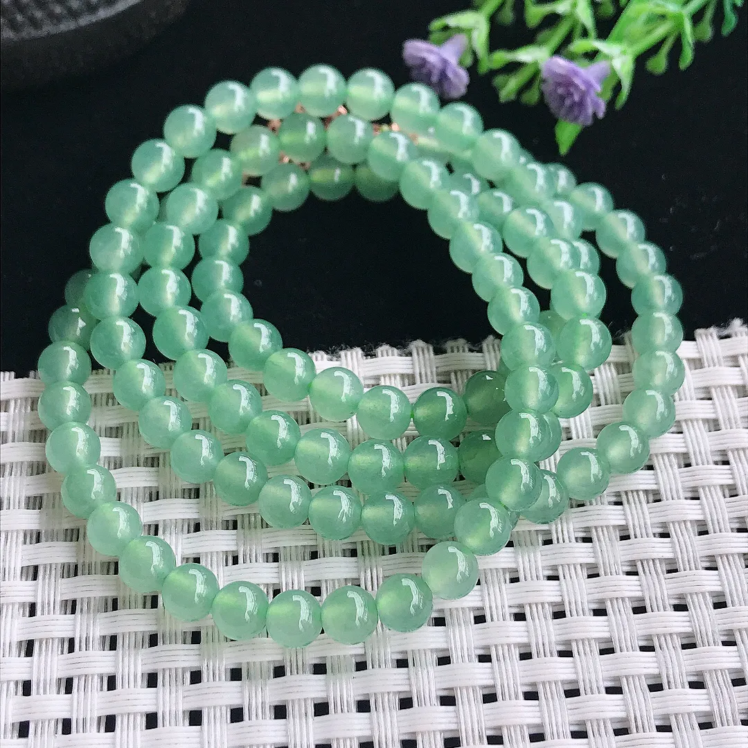 实拍A货翡翠6/108颗老坑冰种起胶冰晴绿玉珠项链