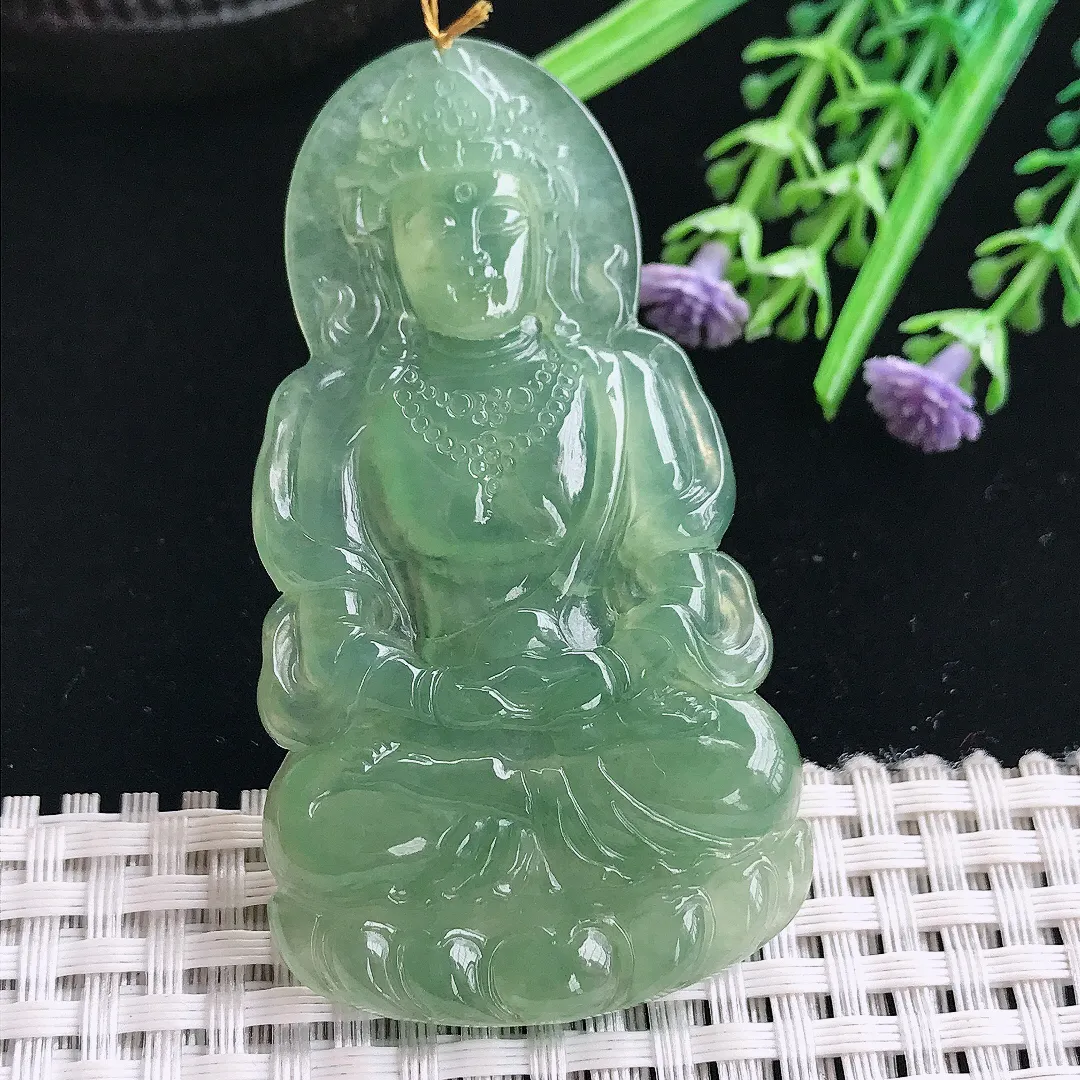 实拍A货翡翠66/36.4/5.5老坑冰胶果冻满甜绿渡母菩萨吊坠翡翠挂件
