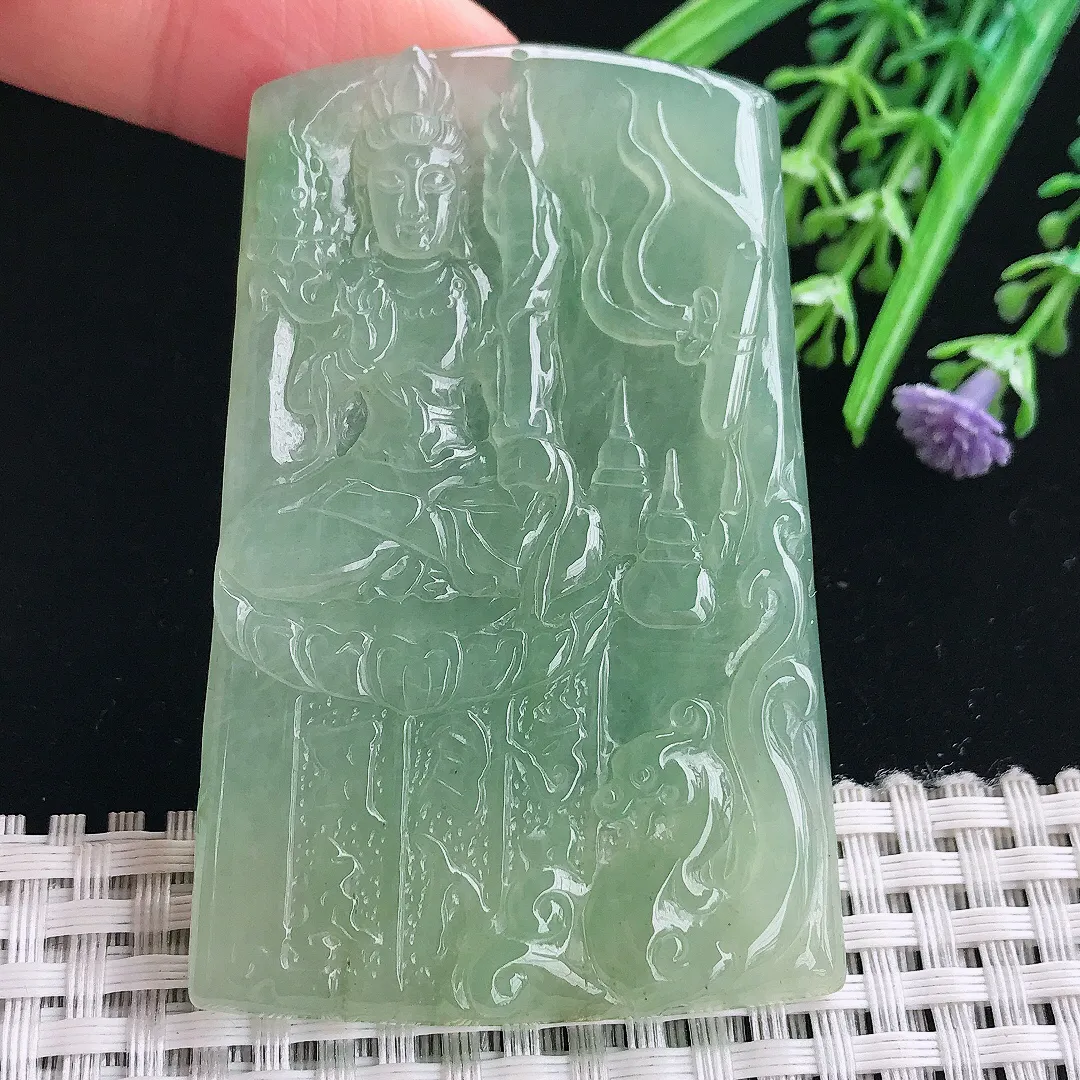 实拍A货翡翠66/43.5/5.2老坑冰胶果冻冰晴满绿虚空藏菩萨吊坠翡翠挂件