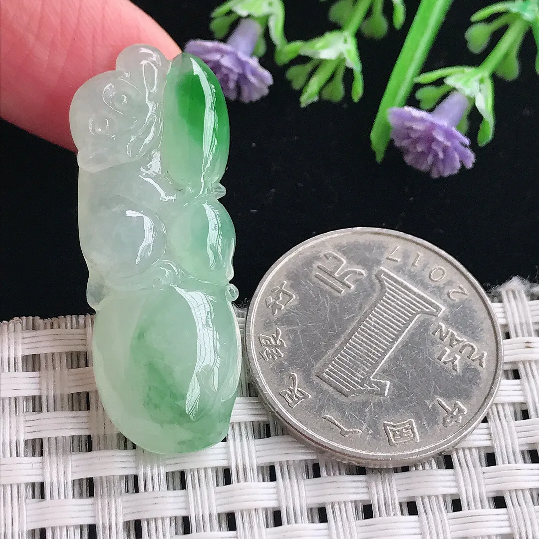 实拍A货翡翠38.7/14.2/7.3老坑冰胶果冻飘阳绿寿桃吊坠翡翠灵猴献寿