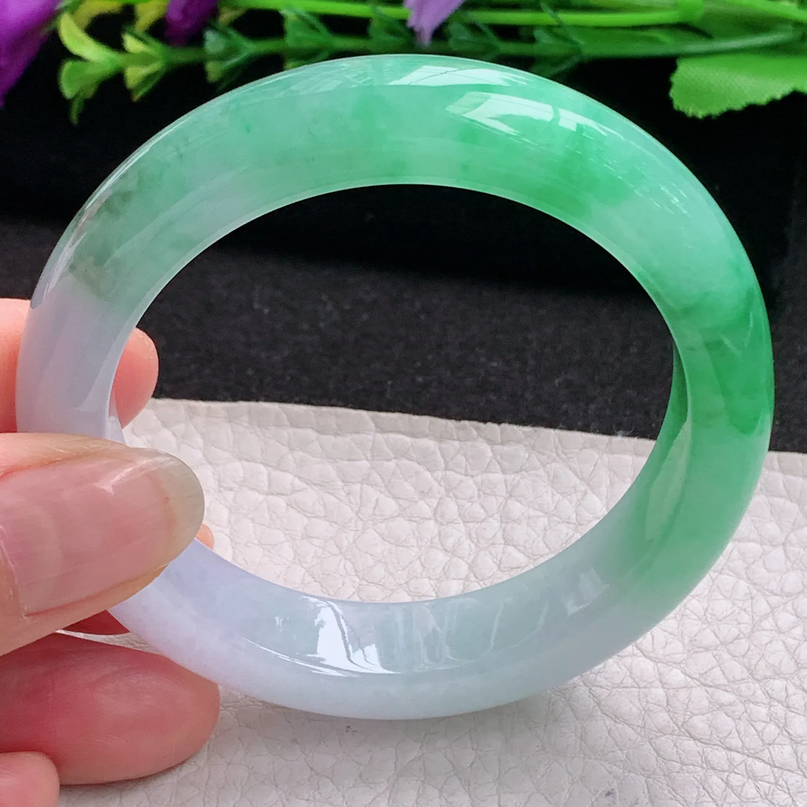 faa招财款53.5*13*8.5平安镯 天然缅甸翡翠A货水润半山水宽边玉手环