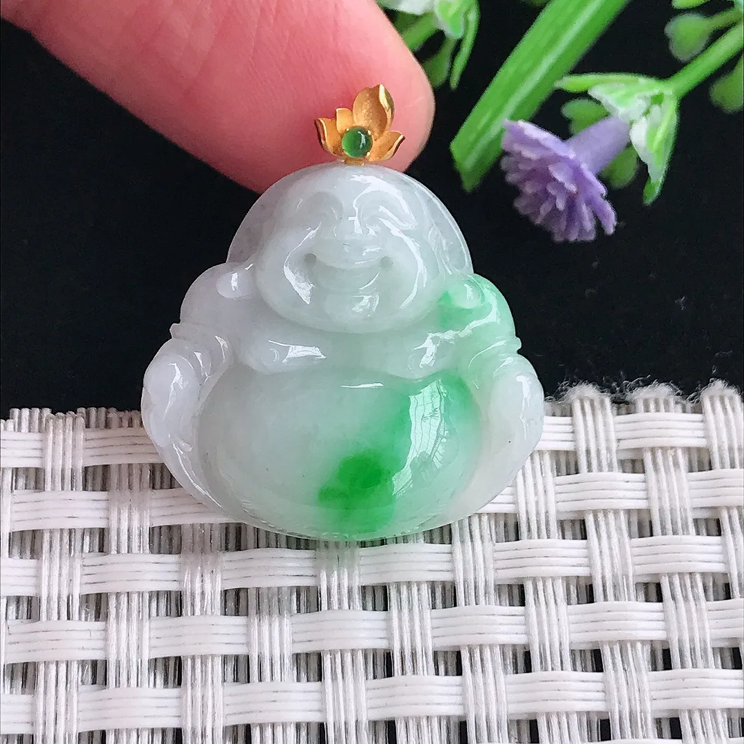 实拍A货翡翠22.8/24.2/5.4老坑18k金镶嵌温润飘阳绿佛公吊坠翡翠挂件