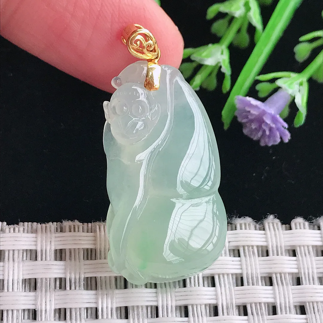 实拍A货翡翠30.6/16.7/6.8老坑18k金镶嵌冰胶甜绿葫芦吊坠翡翠挂件