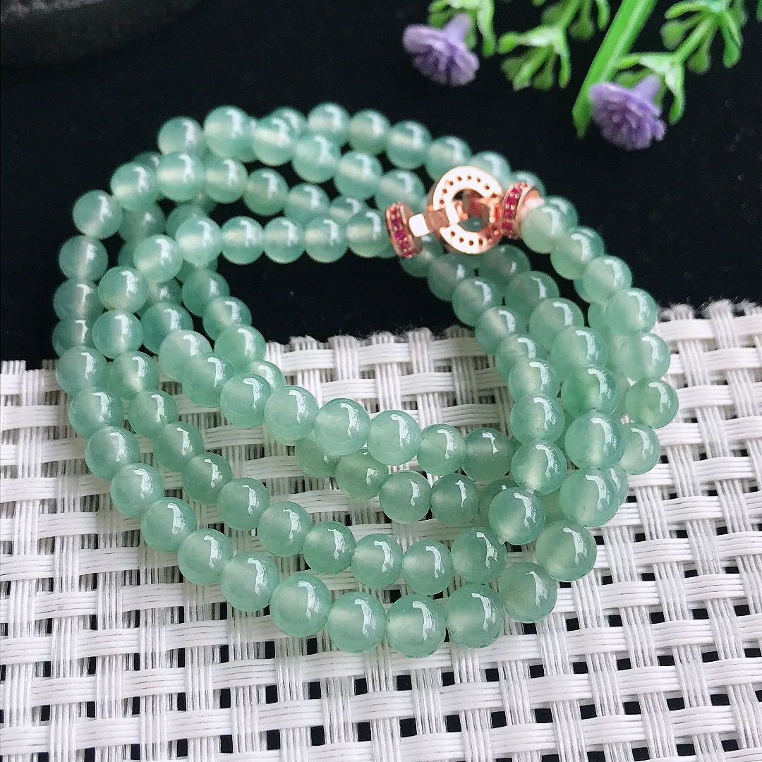 实拍A货翡翠5.7/118颗老坑冰种起胶冰晴绿翡翠项链玉珠