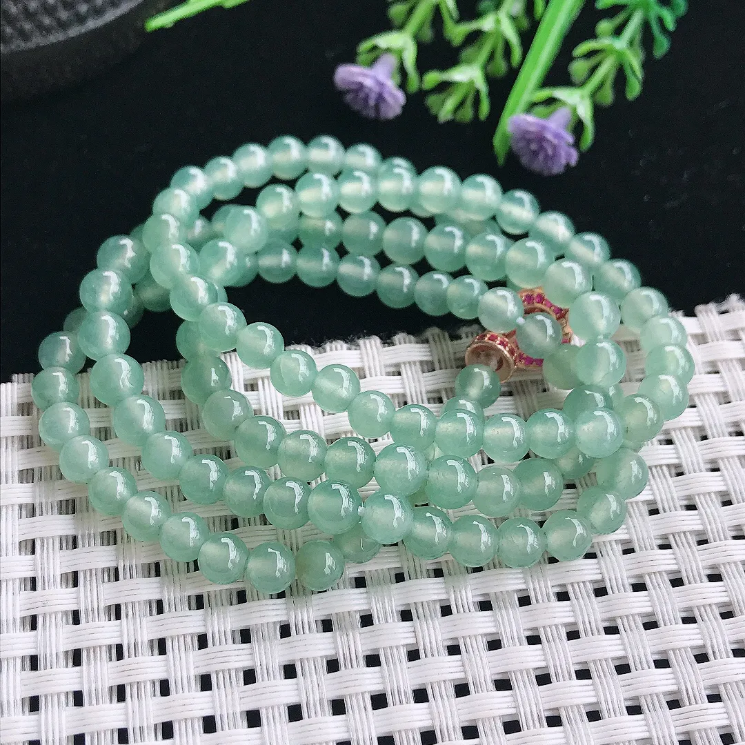 实拍A货翡翠5.7/118颗老坑冰种起胶冰晴绿翡翠项链玉珠