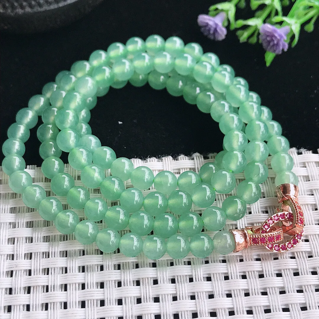 实拍A货翡翠6/108颗老坑冰种起胶冰晴绿玉珠项链