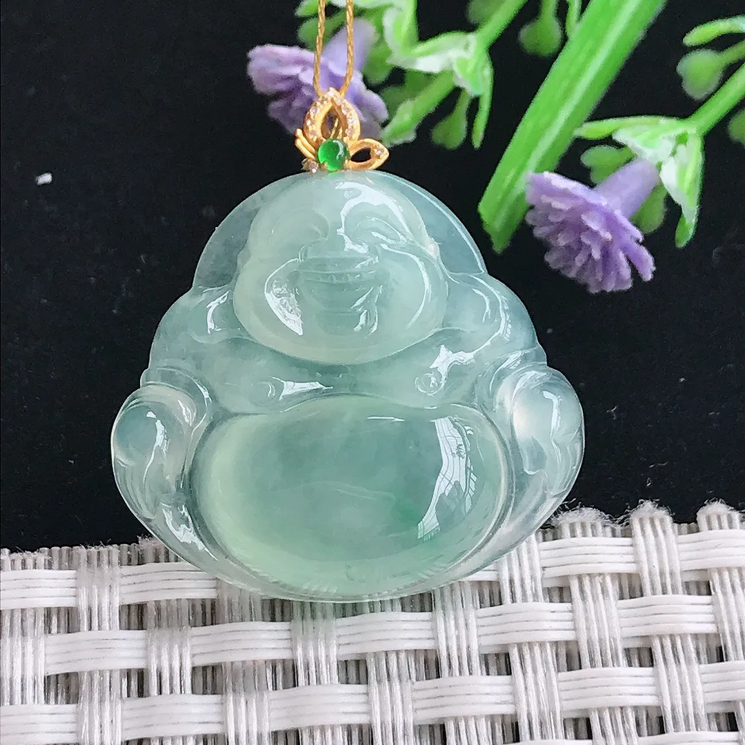实拍A货翡翠25.5/27.8/6.2老坑18k金镶嵌冰种冰晴绿佛公吊坠翡翠玉佛挂件