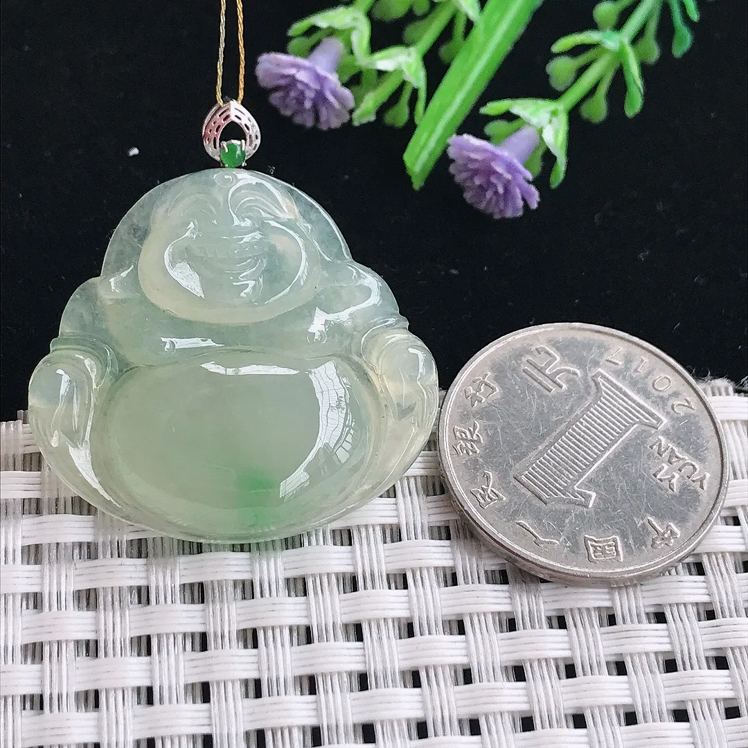 实拍A货翡翠31.5/33.6/6老坑18k金镶嵌冰胶冰晴佛公吊坠翡翠挂件