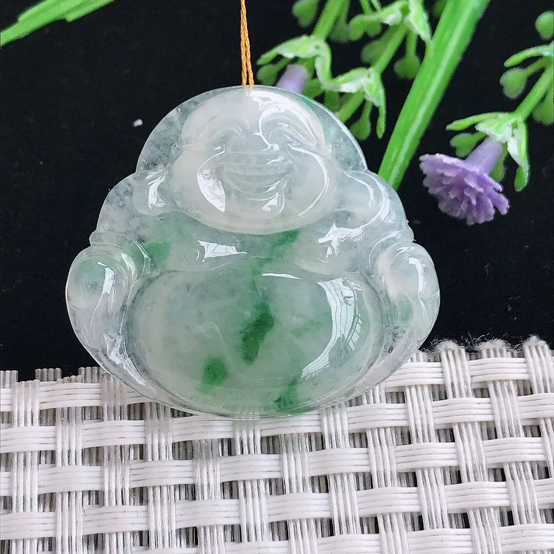 实拍A货翡翠31.8/35.3/6老坑冰润起胶飘花佛公吊坠翡翠玉佛挂件
