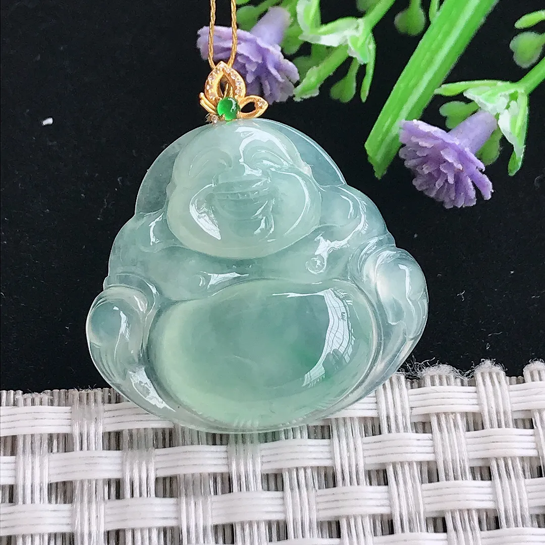 实拍A货翡翠25.5/27.8/6.2老坑18k金镶嵌冰种冰晴绿佛公吊坠翡翠玉佛挂件