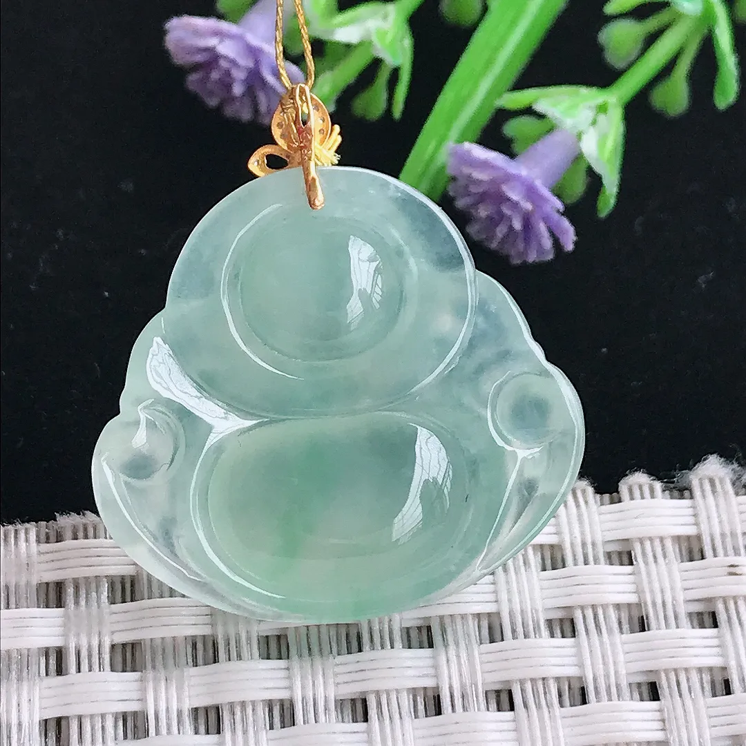 实拍A货翡翠25.5/27.8/6.2老坑18k金镶嵌冰种冰晴绿佛公吊坠翡翠玉佛挂件