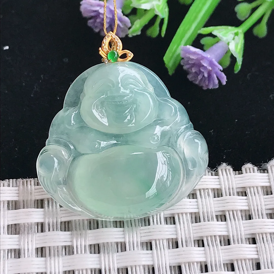 实拍A货翡翠25.5/27.8/6.2老坑18k金镶嵌冰种冰晴绿佛公吊坠翡翠玉佛挂件