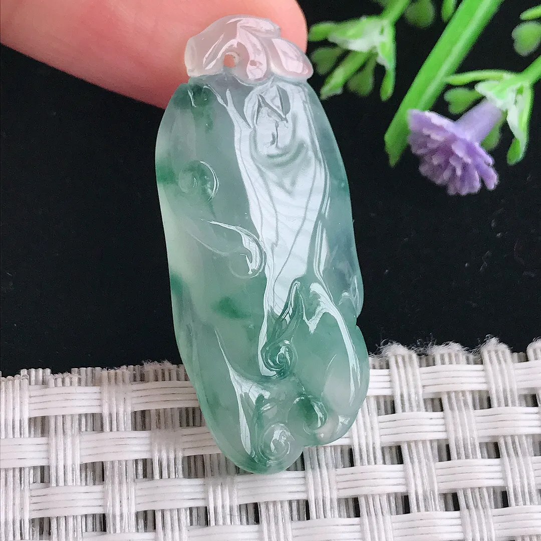 实拍A货翡翠37.3/16/7.5老坑冰胶果冻冰飘花佛手福瓜吊坠翡翠挂件