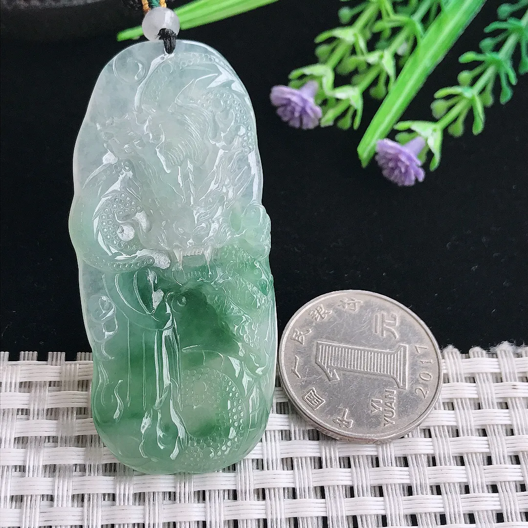 实拍A货翡翠60.5/27/5.3老坑冰胶果冻飘花龙牌吊坠翡翠挂件