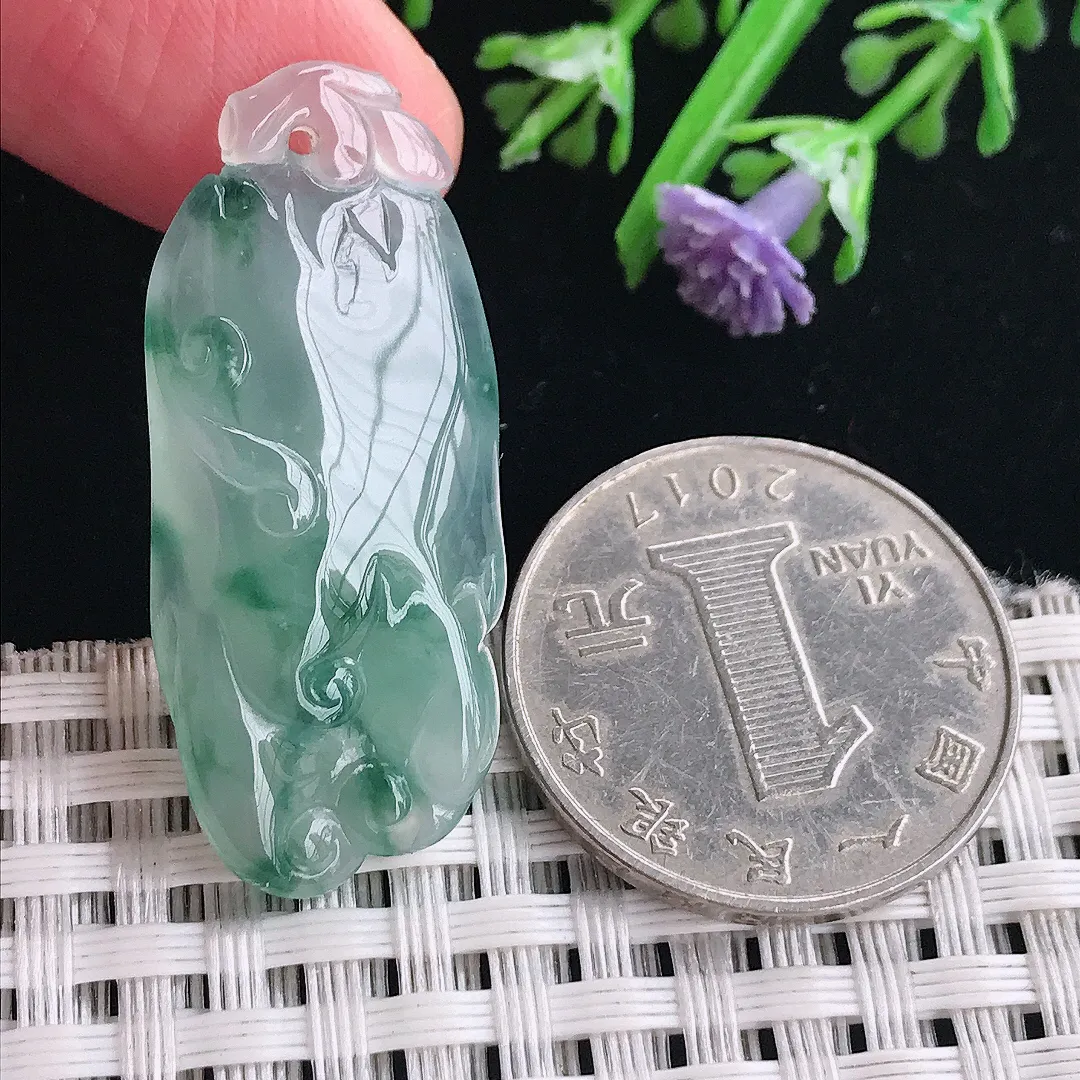 实拍A货翡翠37.3/16/7.5老坑冰胶果冻冰飘花佛手福瓜吊坠翡翠挂件