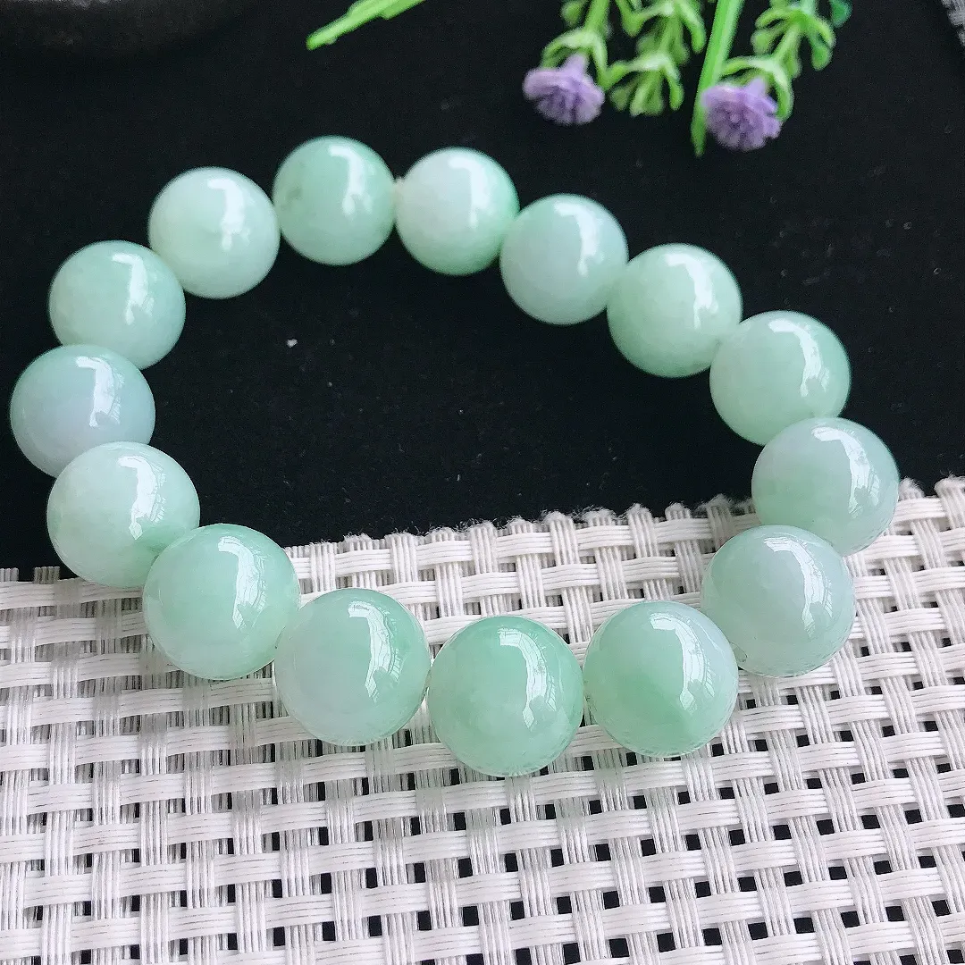 实拍A货翡翠14.1/15颗老坑冰润淡绿色圆珠手链吊坠翡翠玉手串