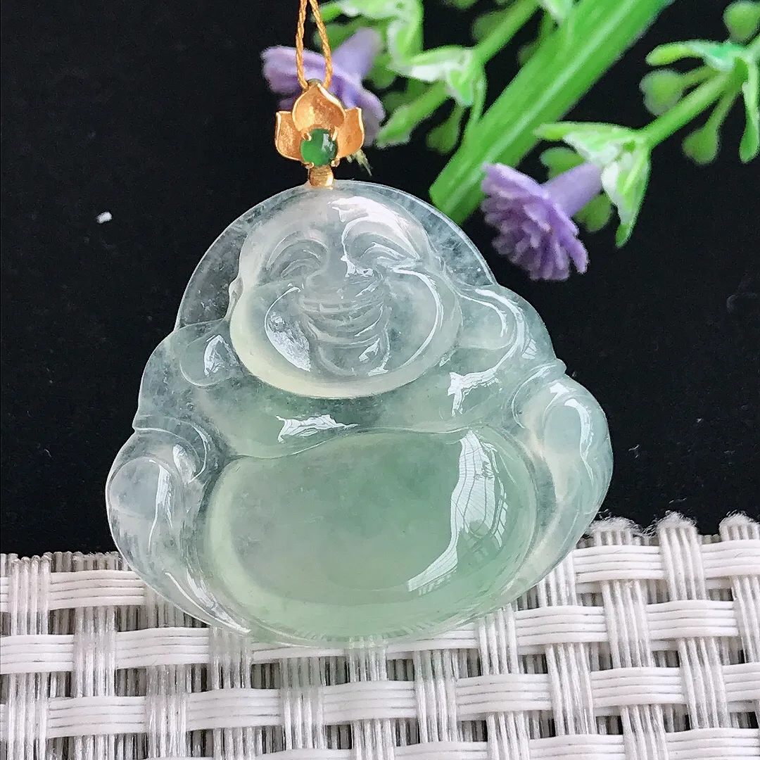 实拍A货翡翠28.8/31.6/5.7老坑18k金镶嵌冰种冰晴绿佛公吊坠翡翠挂件