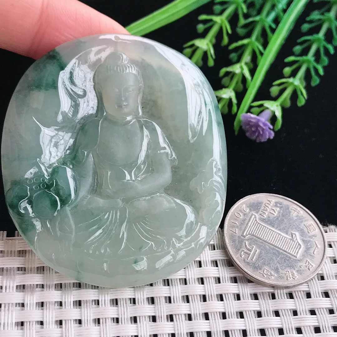 实拍A货翡翠58.7/52.5/5.8老坑冰胶水灵飘花阿弥陀佛吊坠翡翠挂件