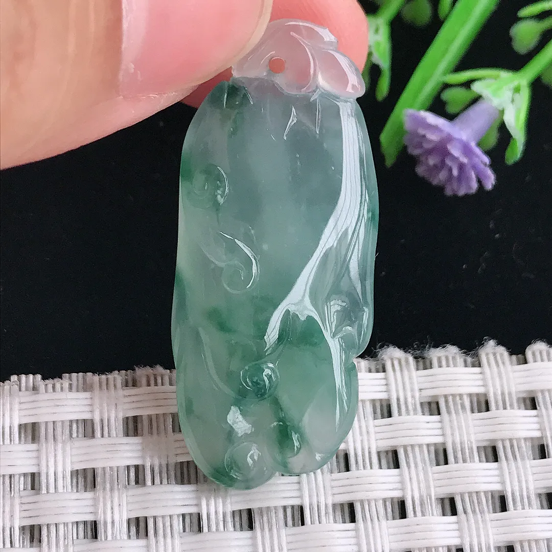 实拍A货翡翠37.3/16/7.5老坑冰胶果冻冰飘花佛手福瓜吊坠翡翠挂件