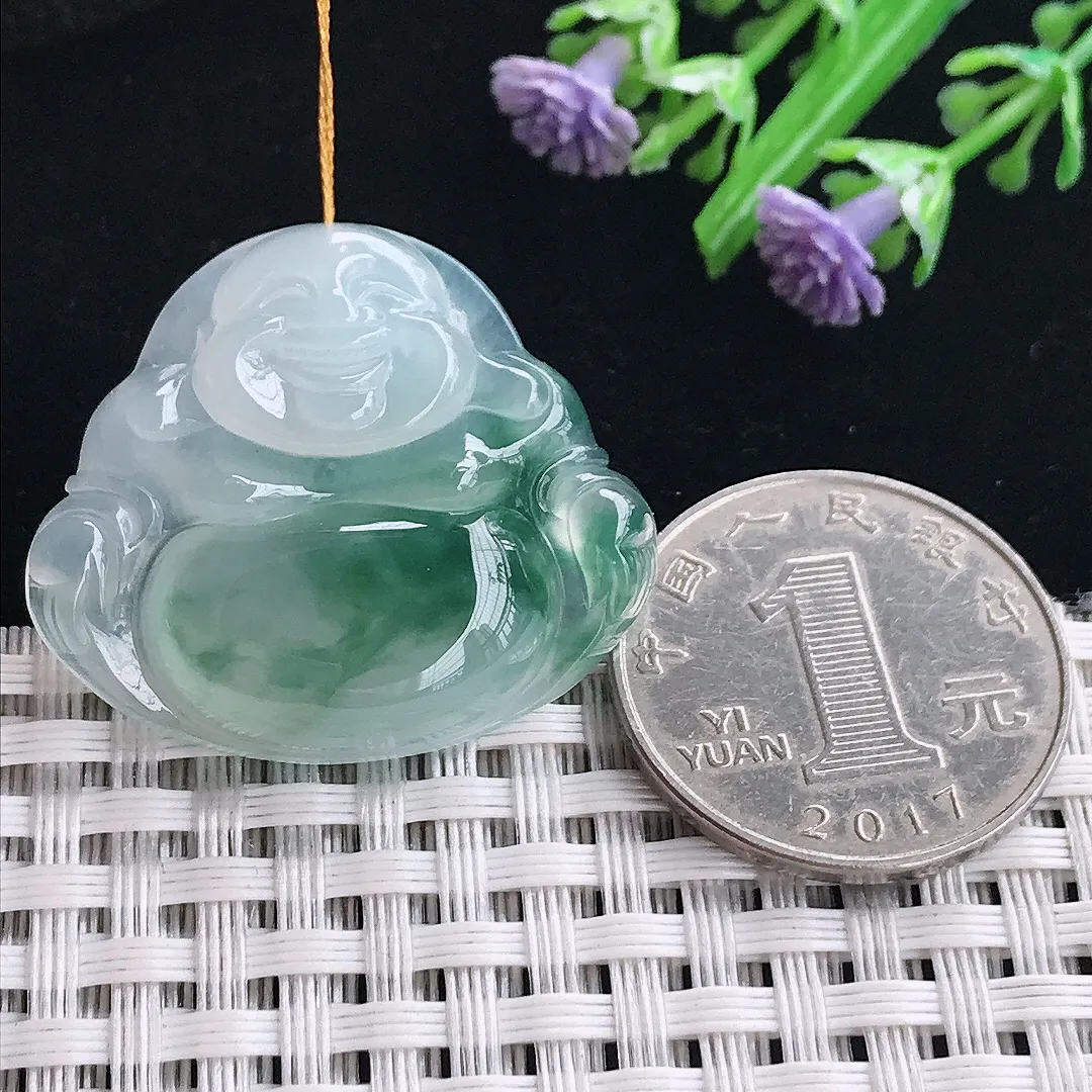 实拍A货翡翠28.9/33.3/6.1老坑冰胶水灵飘花佛公吊坠翡翠挂件