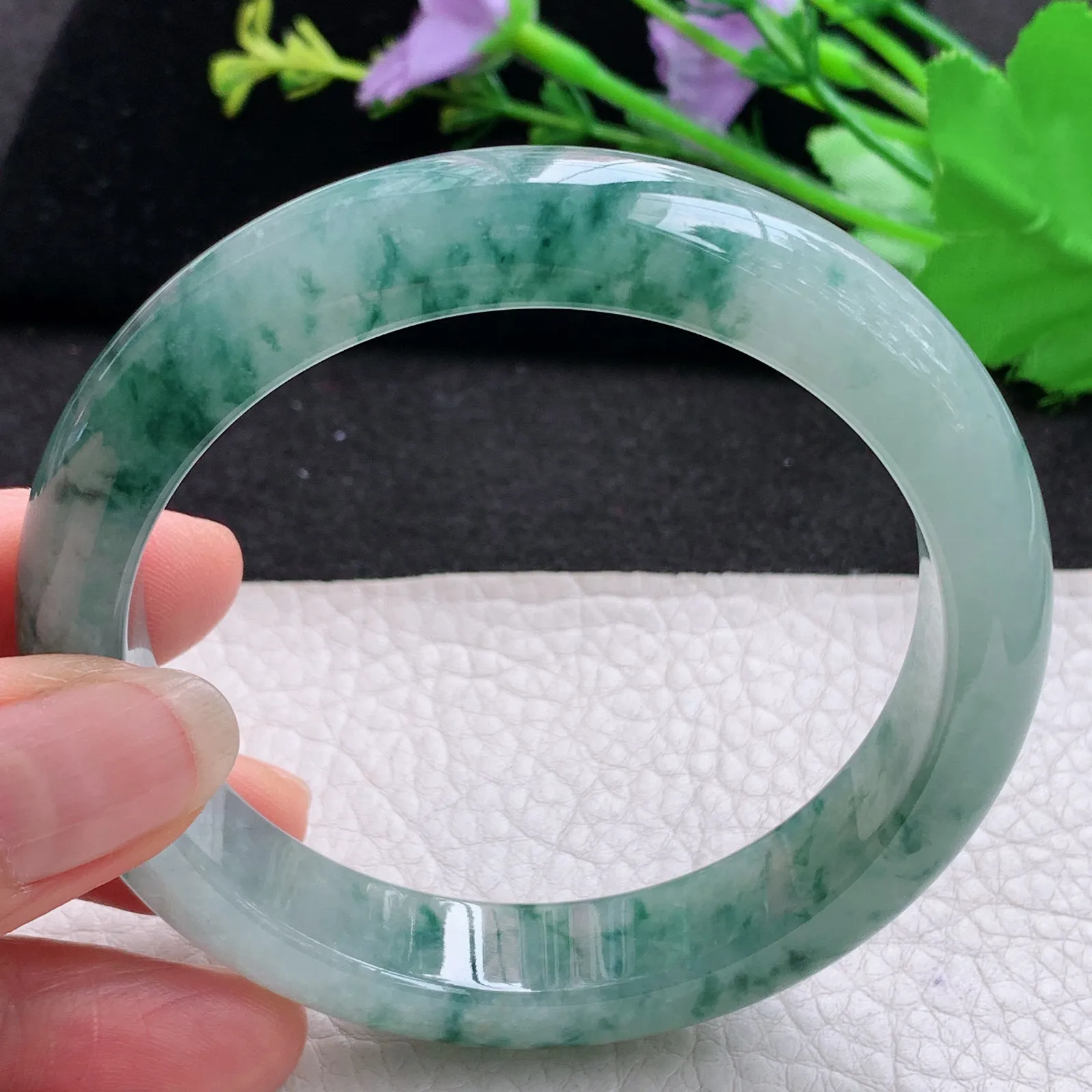 mq大圈口飘花款60*12.8*9平安镯 天然缅甸翡翠A货冰润大气飘逸宽边玉手环