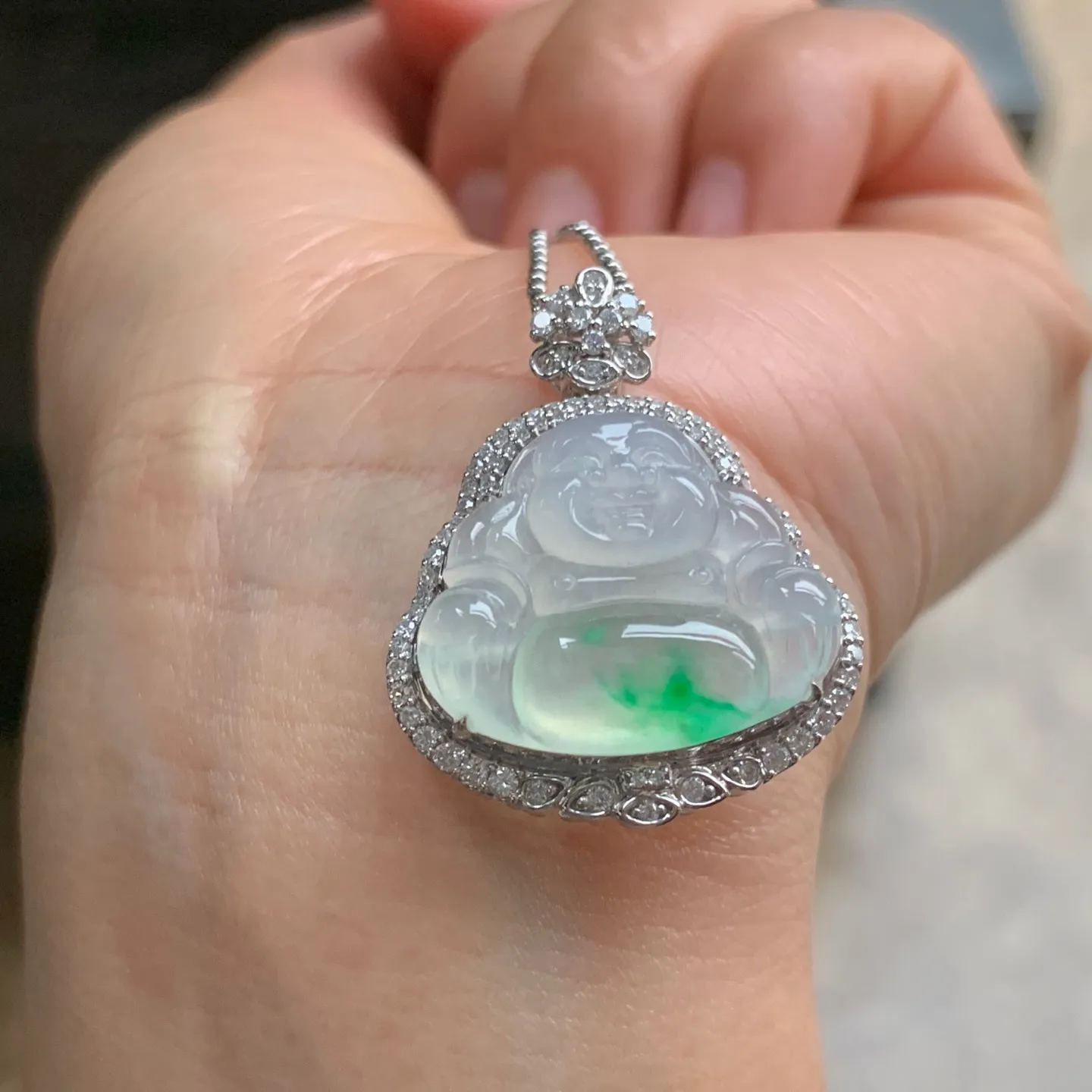 冰种金丝绿佛公 肚里藏金 水润冰透 18K金镶嵌