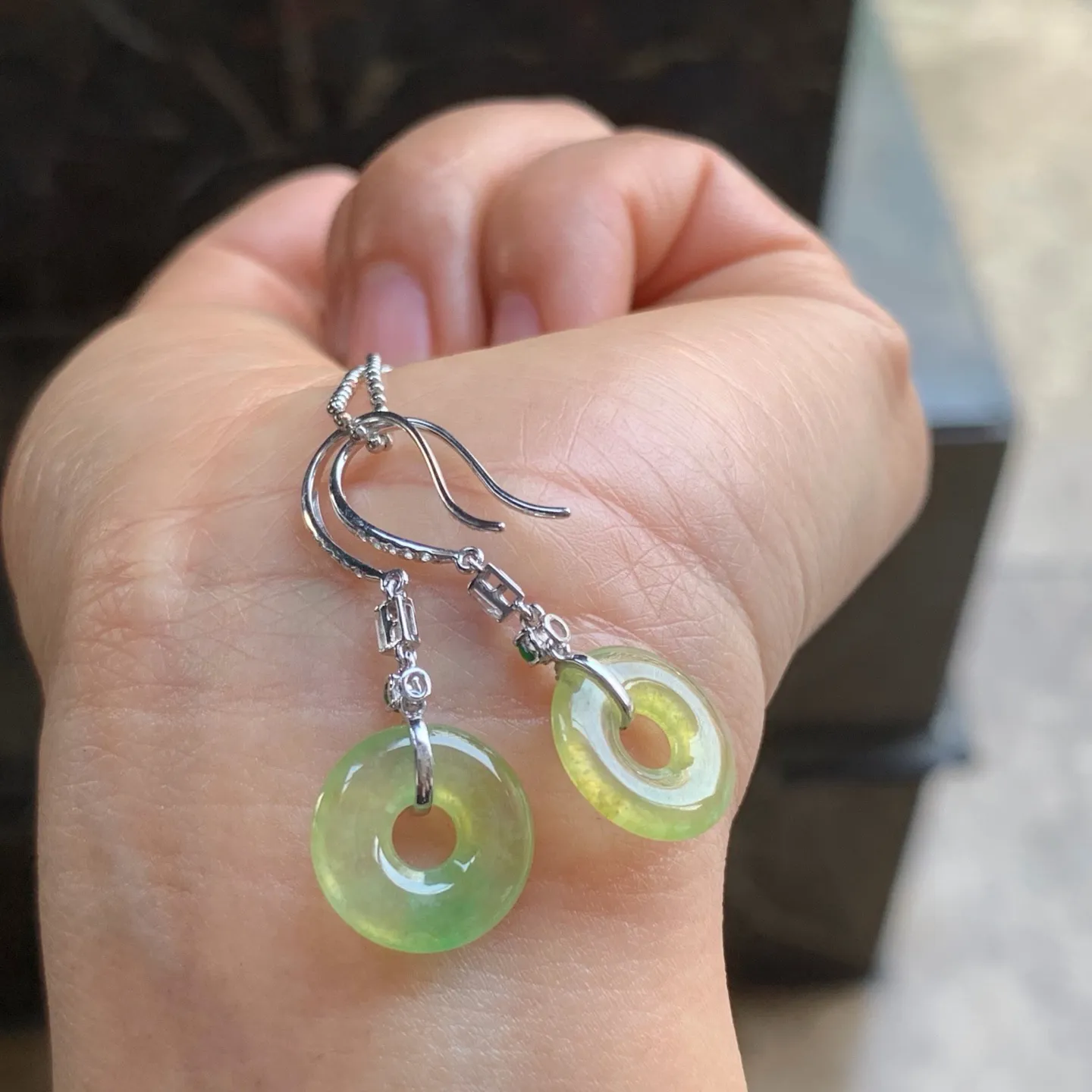 黄加绿平安扣耳坠 18K金镶嵌