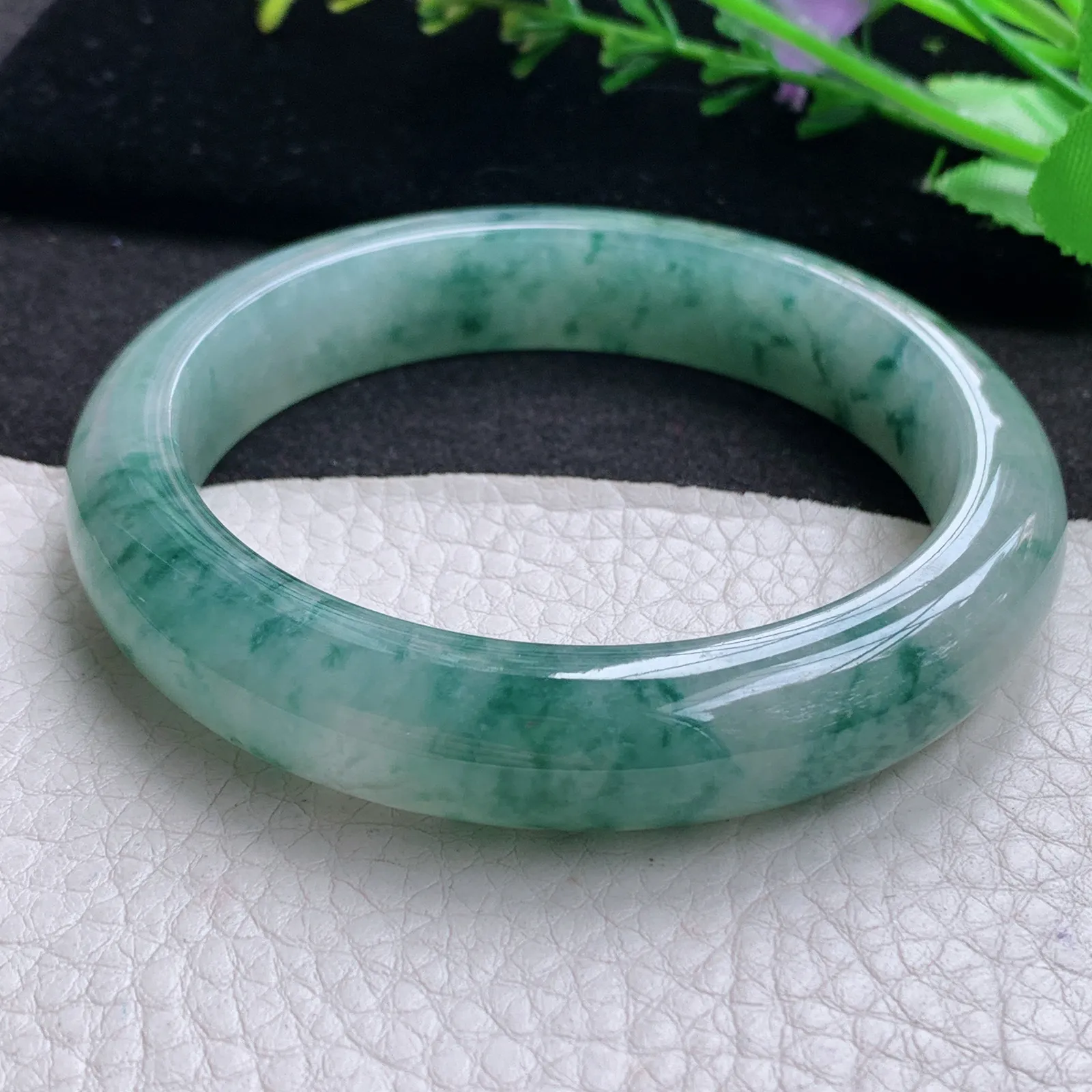 mq大圈口飘花款60*12.8*9平安镯 天然缅甸翡翠A货冰润大气飘逸宽边玉手环