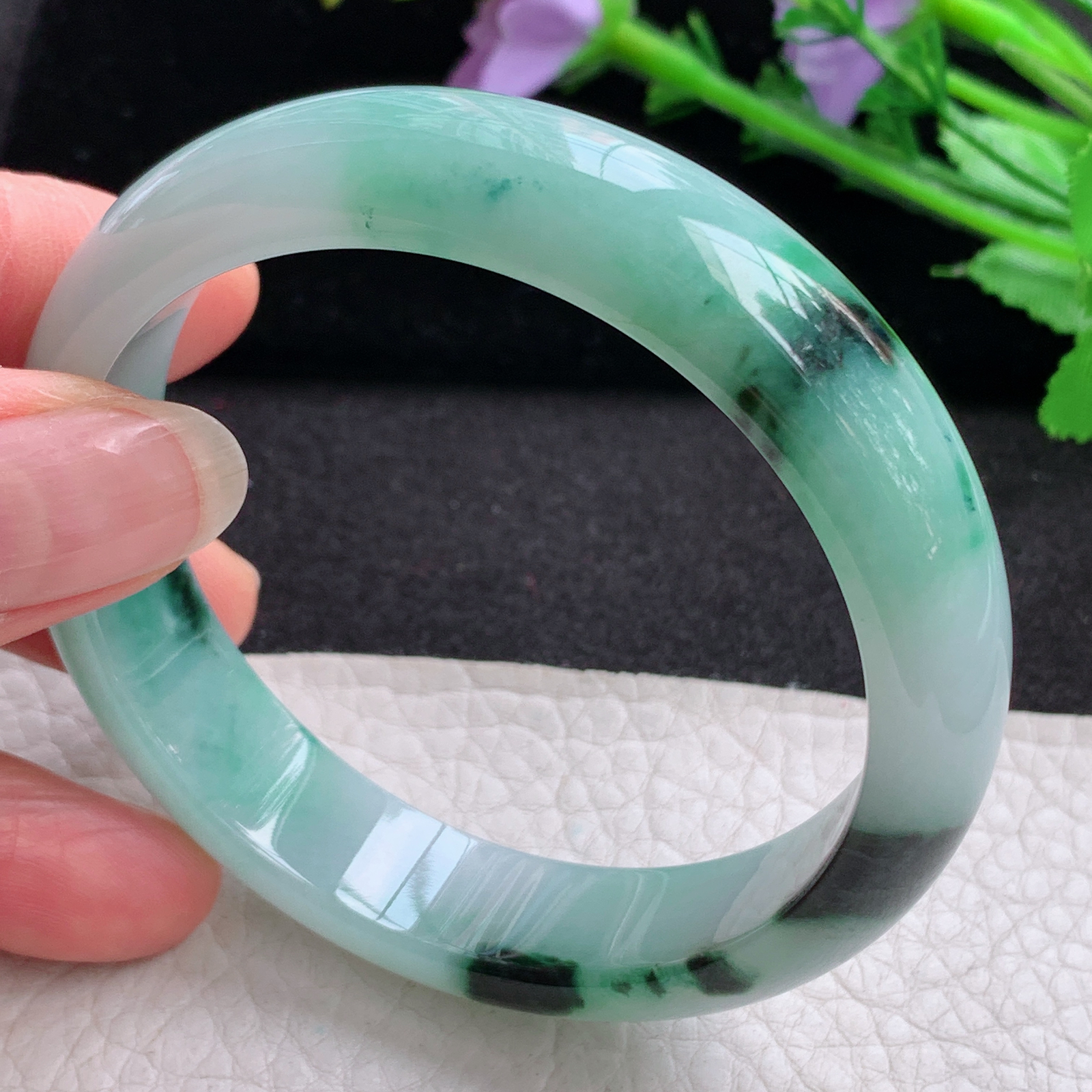 yw飘花款57.5*13.5*7.4平安镯 天然缅甸翡翠A货细润飘逸宽边玉手环