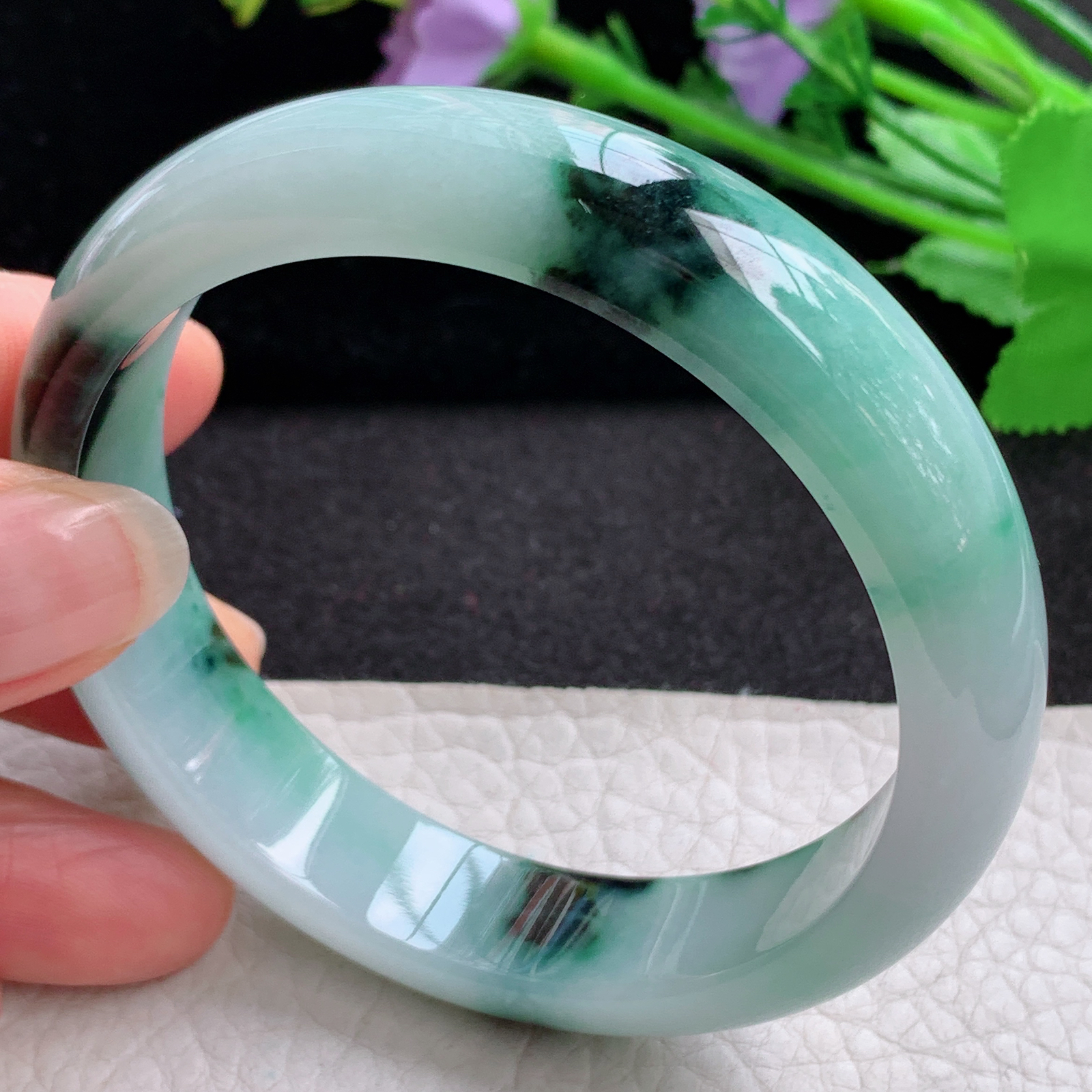 yw飘花款57.5*13.5*7.4平安镯 天然缅甸翡翠A货细润飘逸宽边玉手环