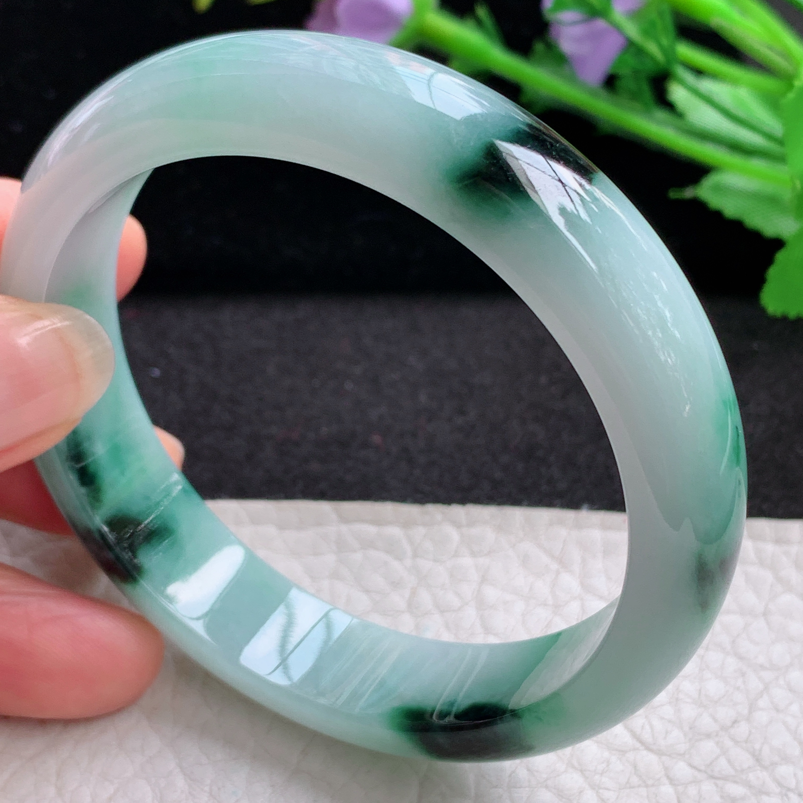 yw飘花款57.5*13.5*7.4平安镯 天然缅甸翡翠A货细润飘逸宽边玉手环