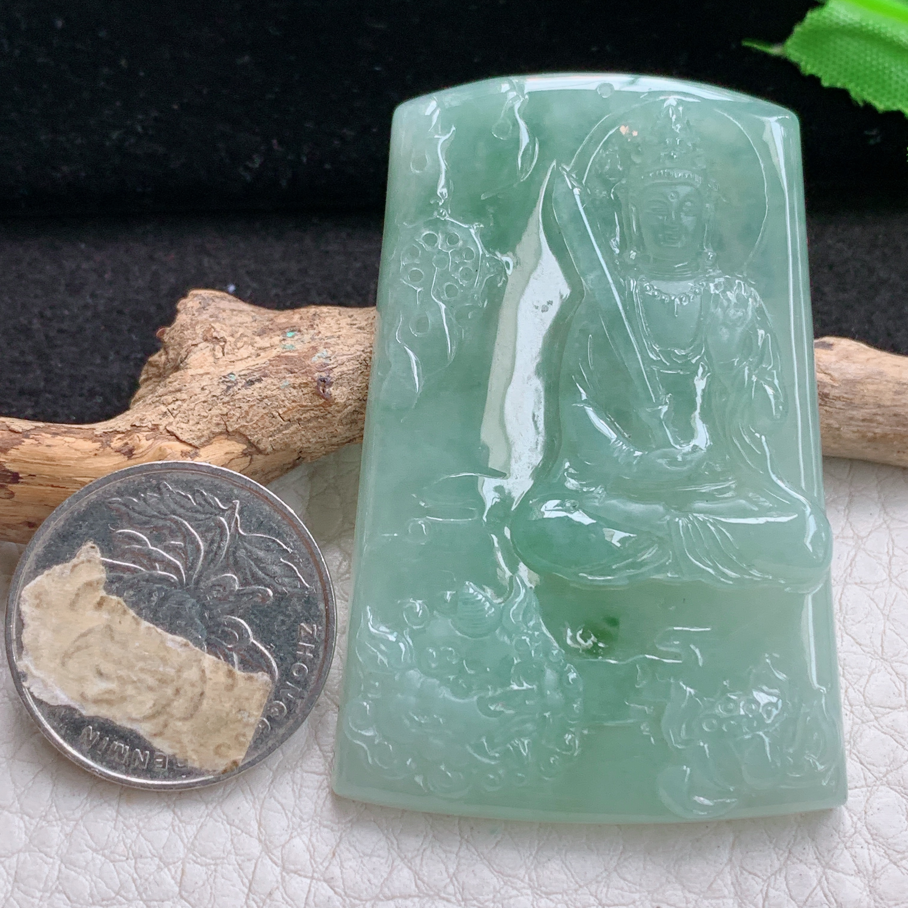 ktj自然光59.5*39*6天然缅甸翡翠冰透文殊观音菩萨吊坠 本命年生肖守护神