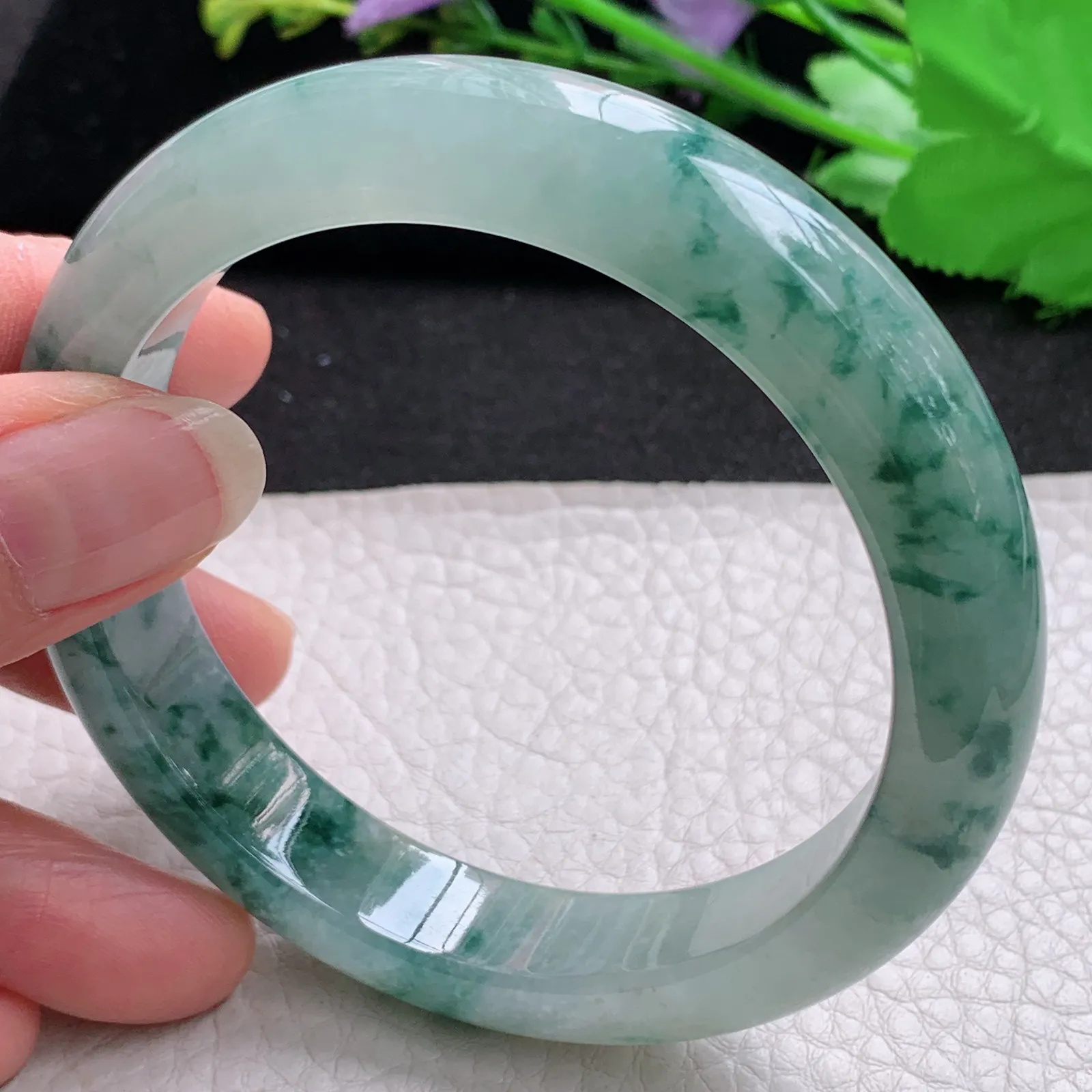mq大圈口飘花款60*12.8*9平安镯 天然缅甸翡翠A货冰润大气飘逸宽边玉手环