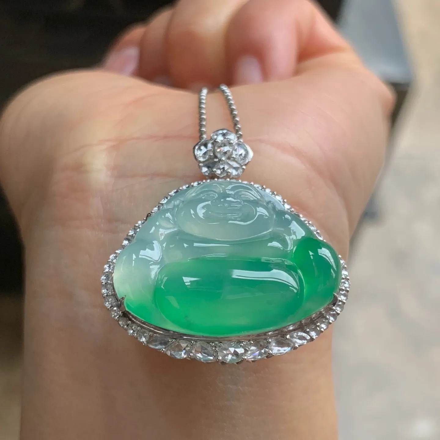 冰绿佛公 颜色漂亮 水润 18K金镶嵌