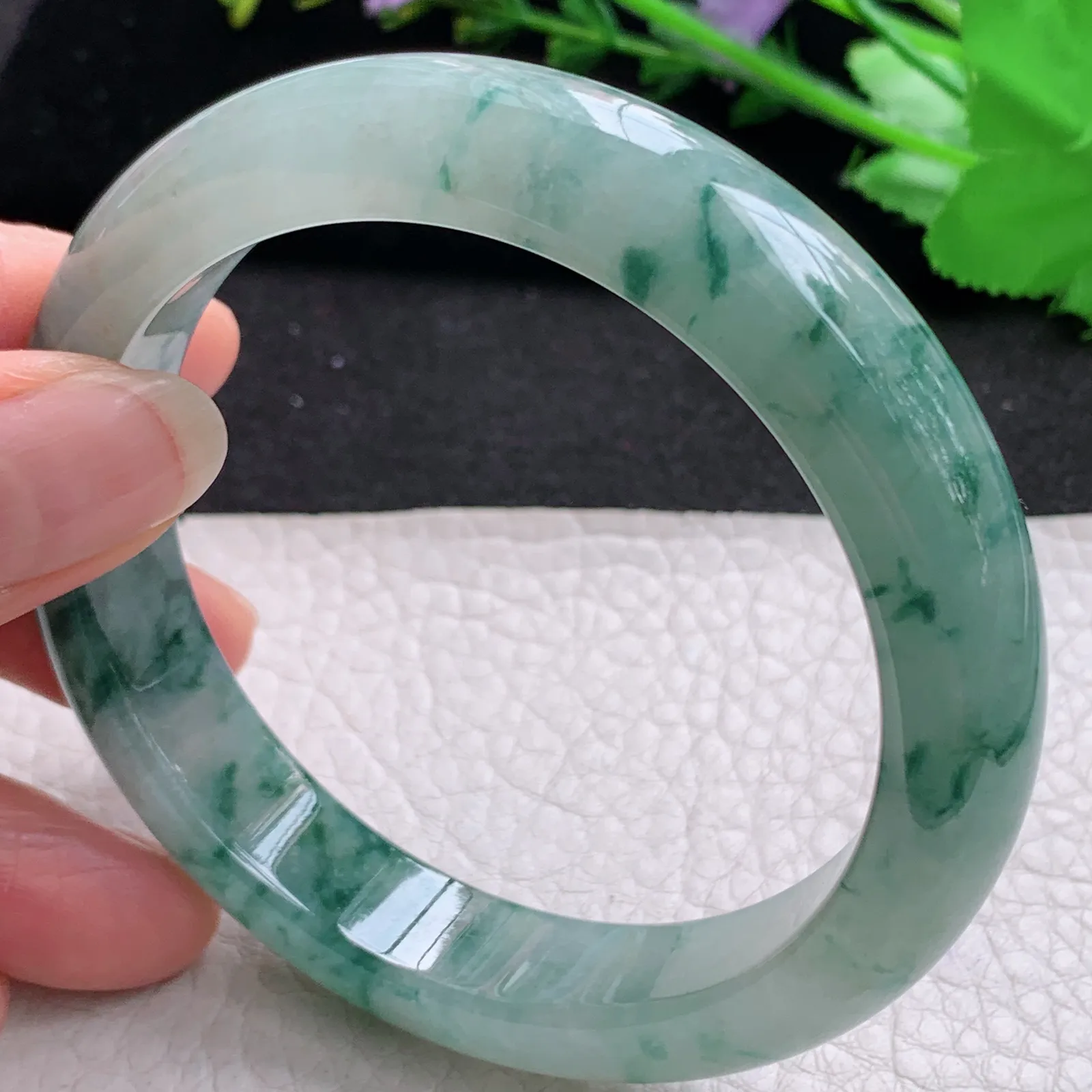 mq大圈口飘花款60*12.8*9平安镯 天然缅甸翡翠A货冰润大气飘逸宽边玉手环