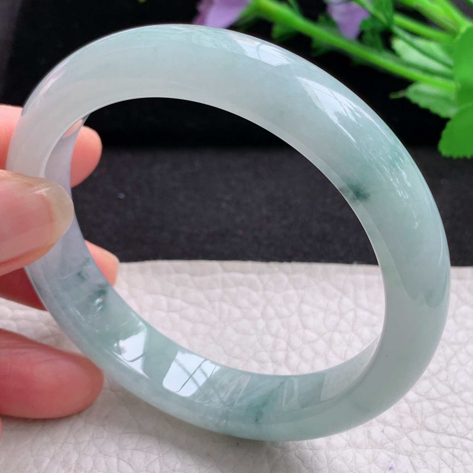 xx冰润飘逸款58.5*12.8*8.6平安镯 天然缅甸翡翠A货细润冰飘花宽边玉手环