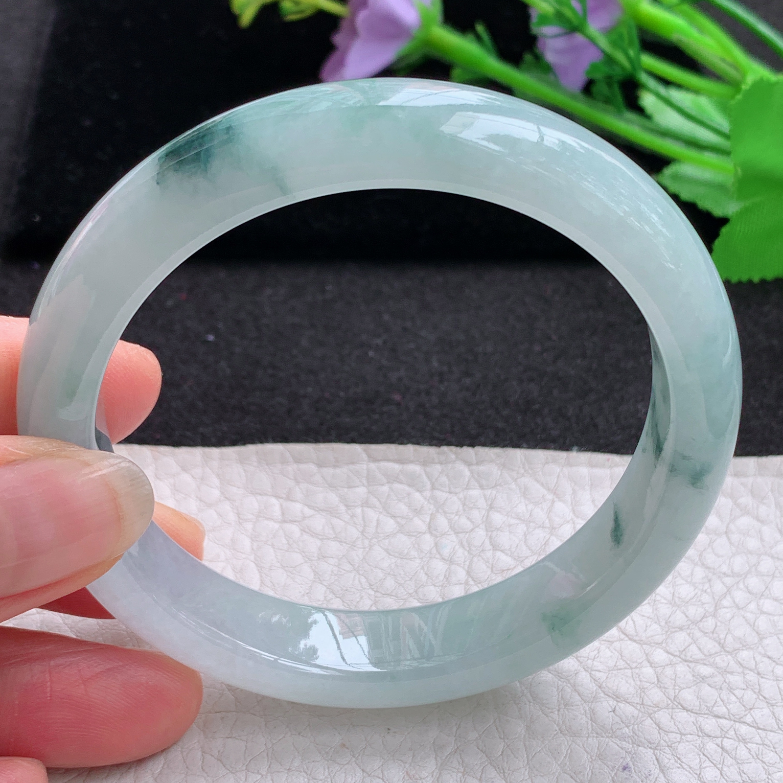 xx冰润飘逸款58.5*12.8*8.6平安镯 天然缅甸翡翠A货细润冰飘花宽边玉手环