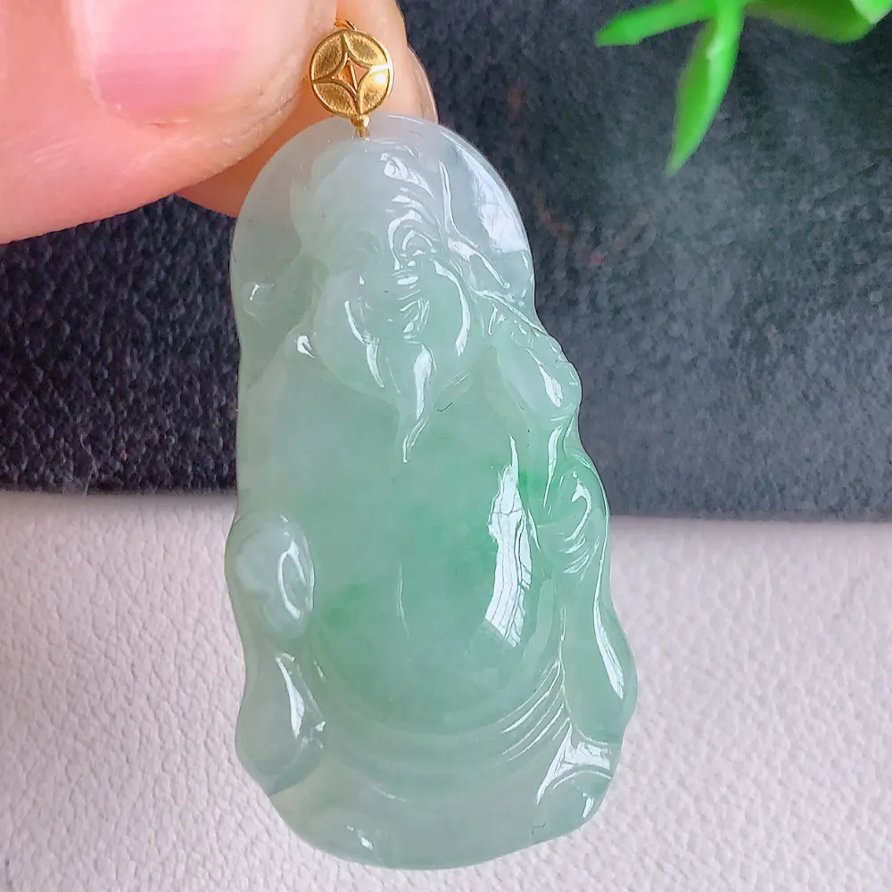 18k金财神爷吊坠 玉质细腻 色泽清新艳丽 W141.2  尺寸：35.5-19-5.8mm