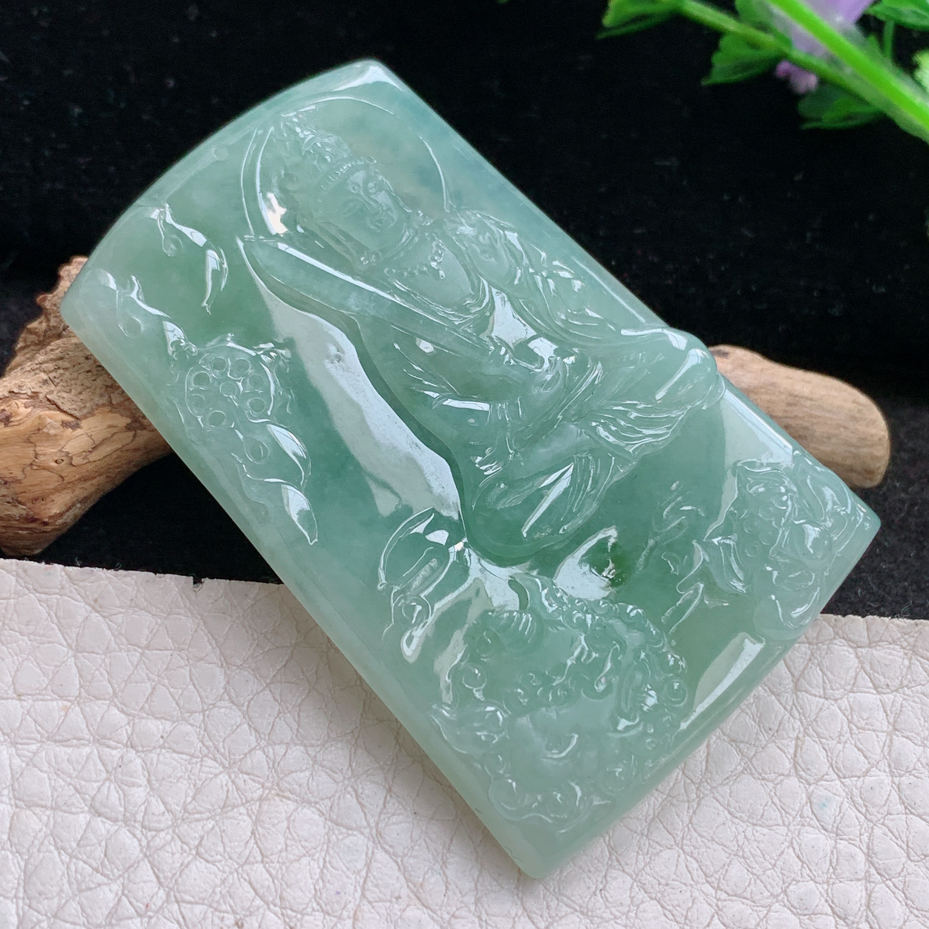 ktj自然光59.5*39*6天然缅甸翡翠冰透文殊观音菩萨吊坠 本命年生肖守护神