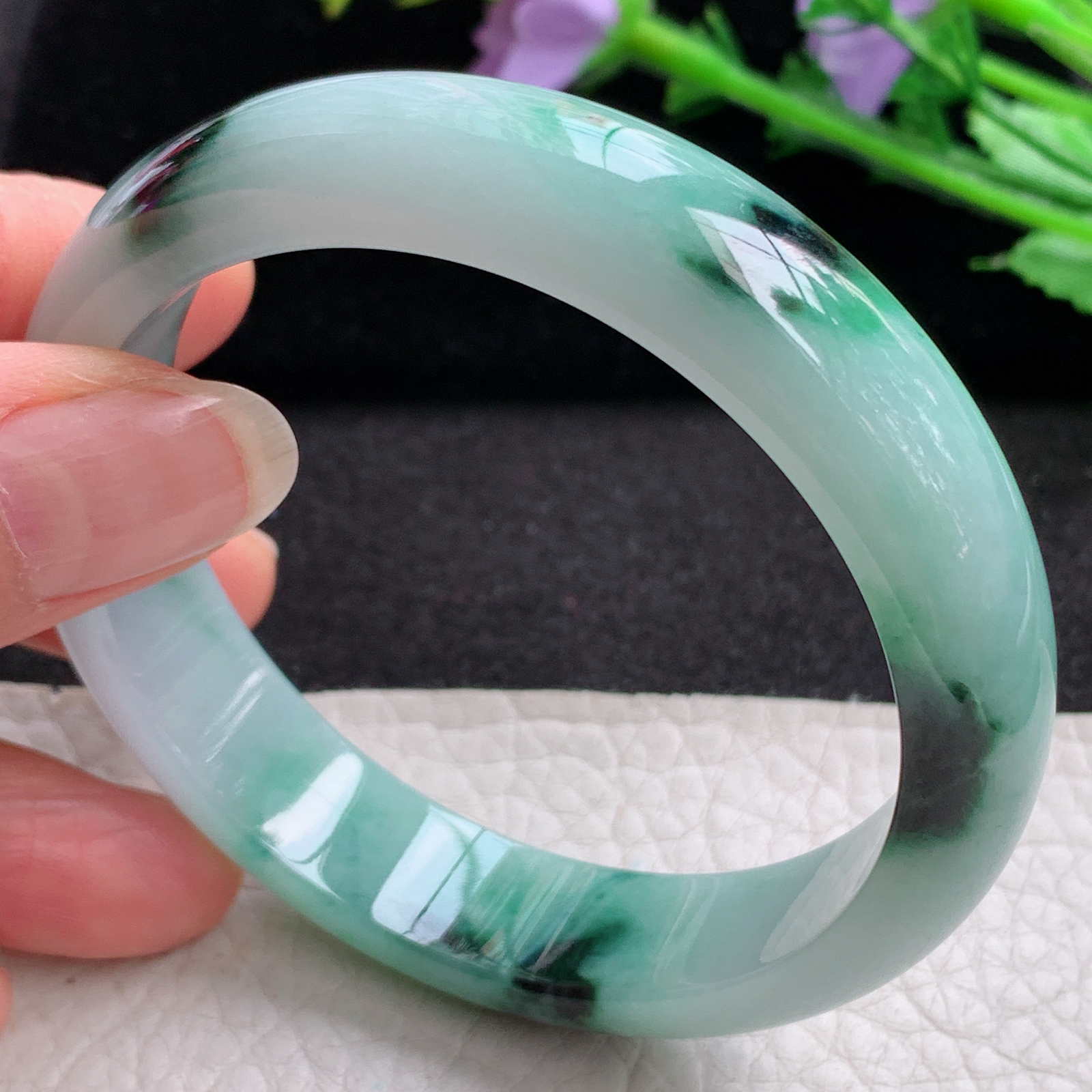 yw飘花款57.5*13.5*7.4平安镯 天然缅甸翡翠A货细润飘逸宽边玉手环