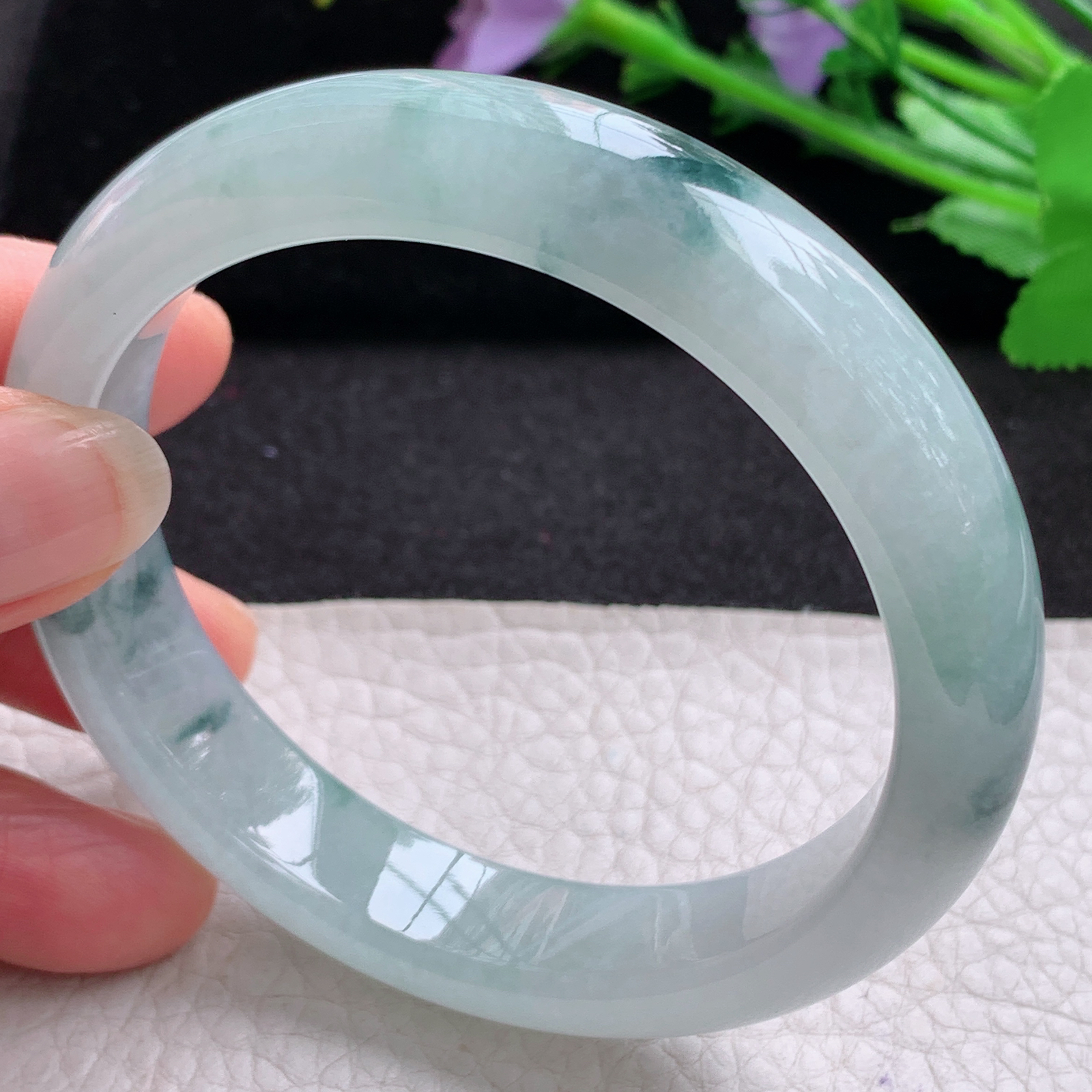 xx冰润飘逸款58.5*12.8*8.6平安镯 天然缅甸翡翠A货细润冰飘花宽边玉手环