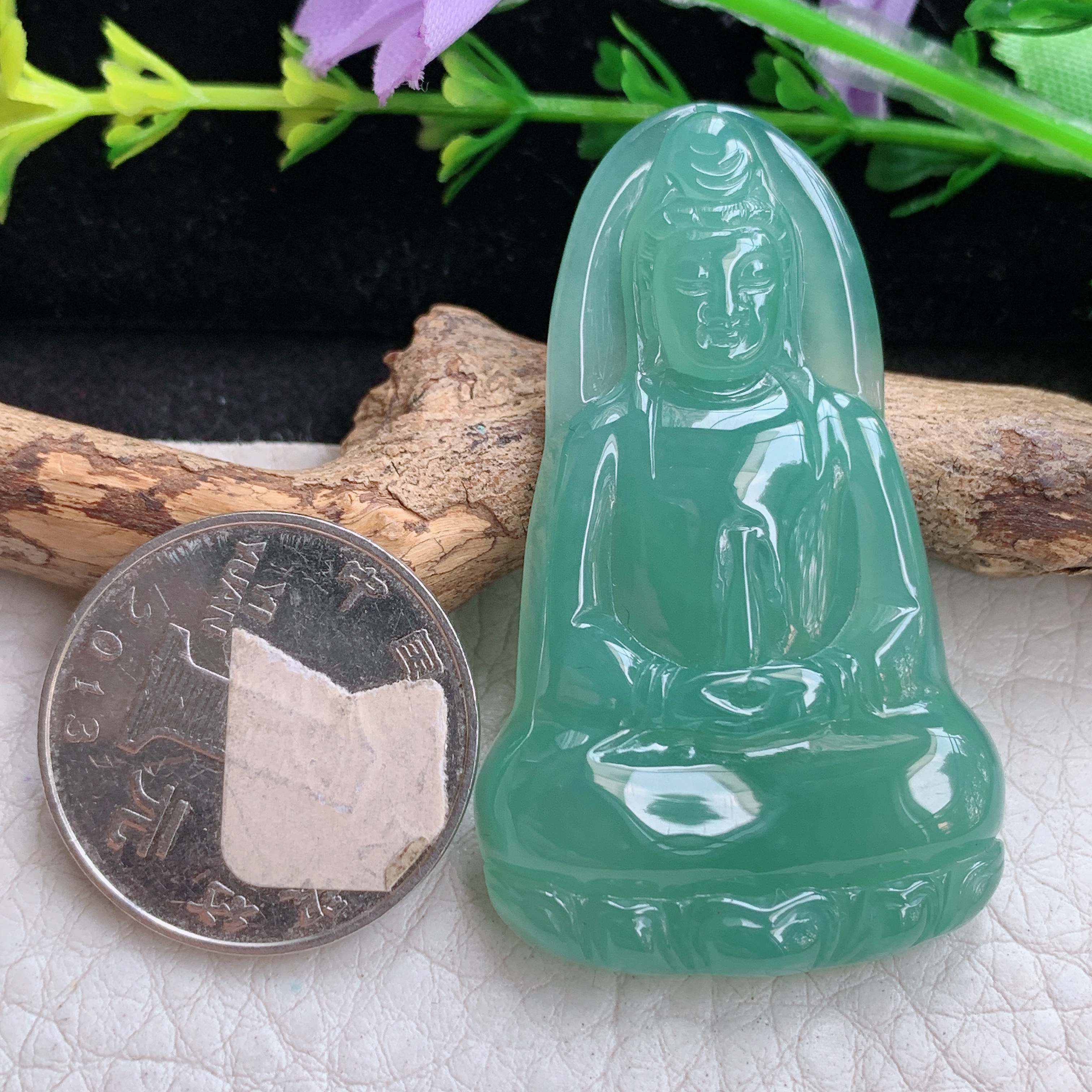 sd自然光50.2*30.8*5.8天然缅甸翡翠冰种油绿素衣观音吊坠 净瓶菩萨玉坠
