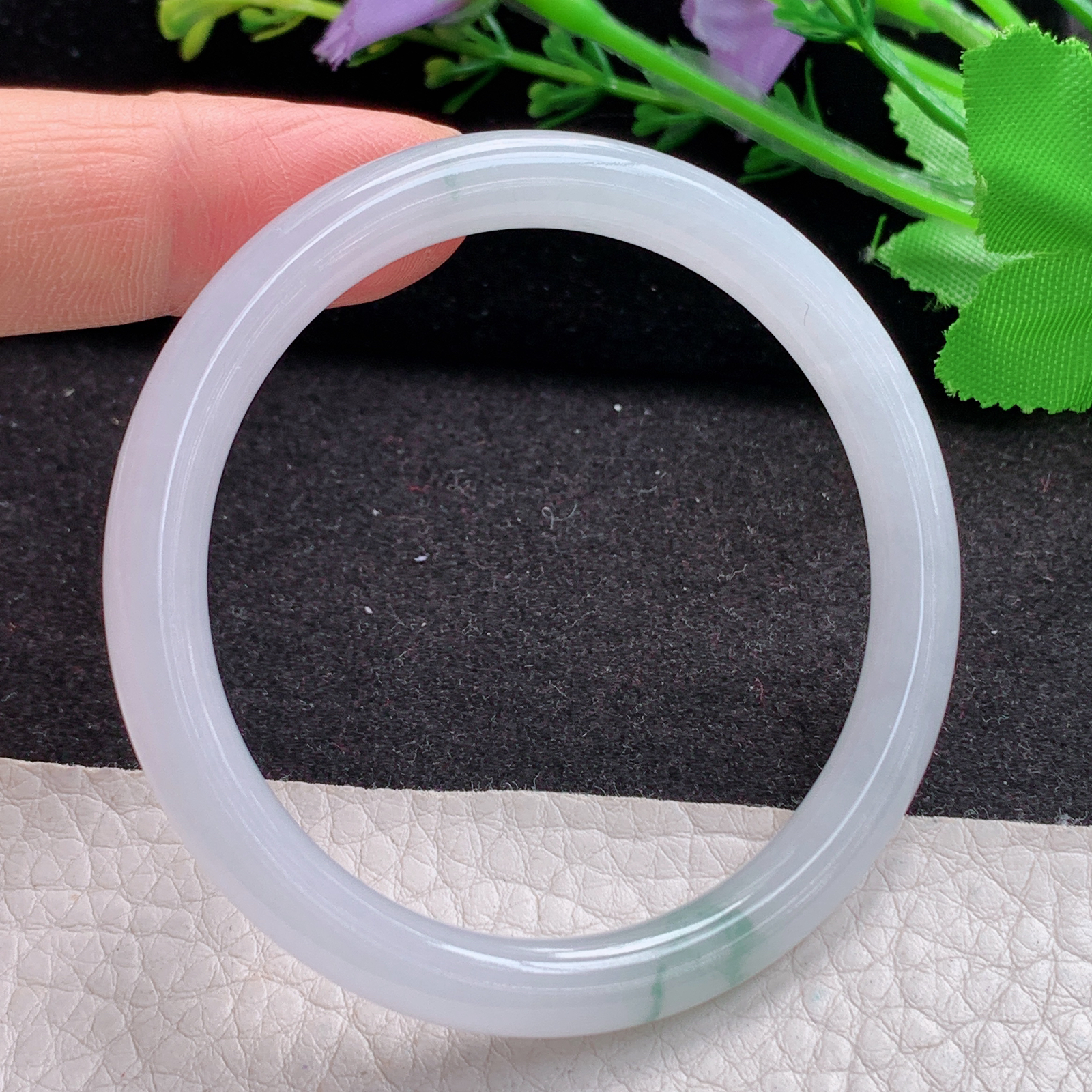 n小圈口51*6.3*6.8叮当镯 天然缅甸翡翠A货冰飘花圆条美人镯