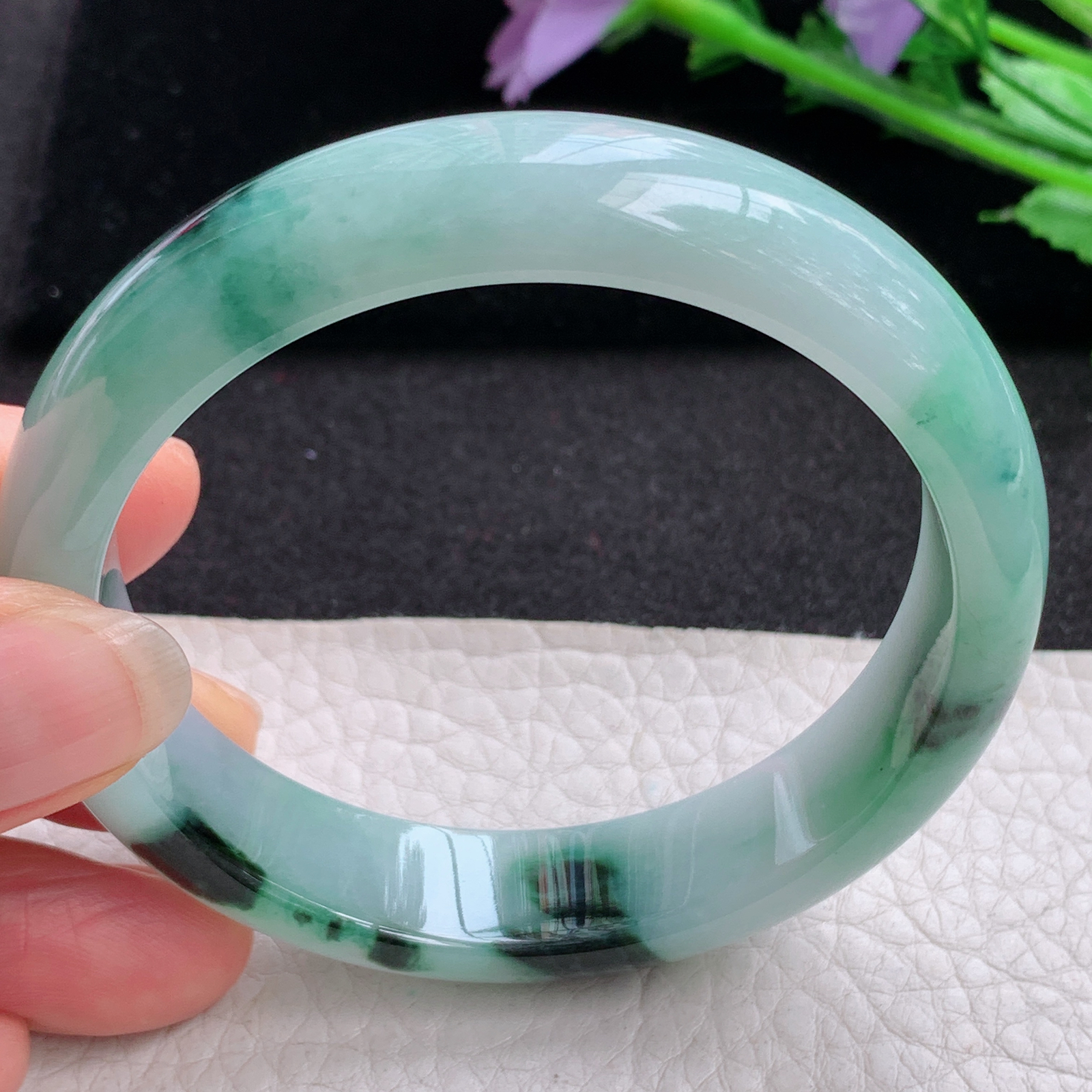 yw飘花款57.5*13.5*7.4平安镯 天然缅甸翡翠A货细润飘逸宽边玉手环